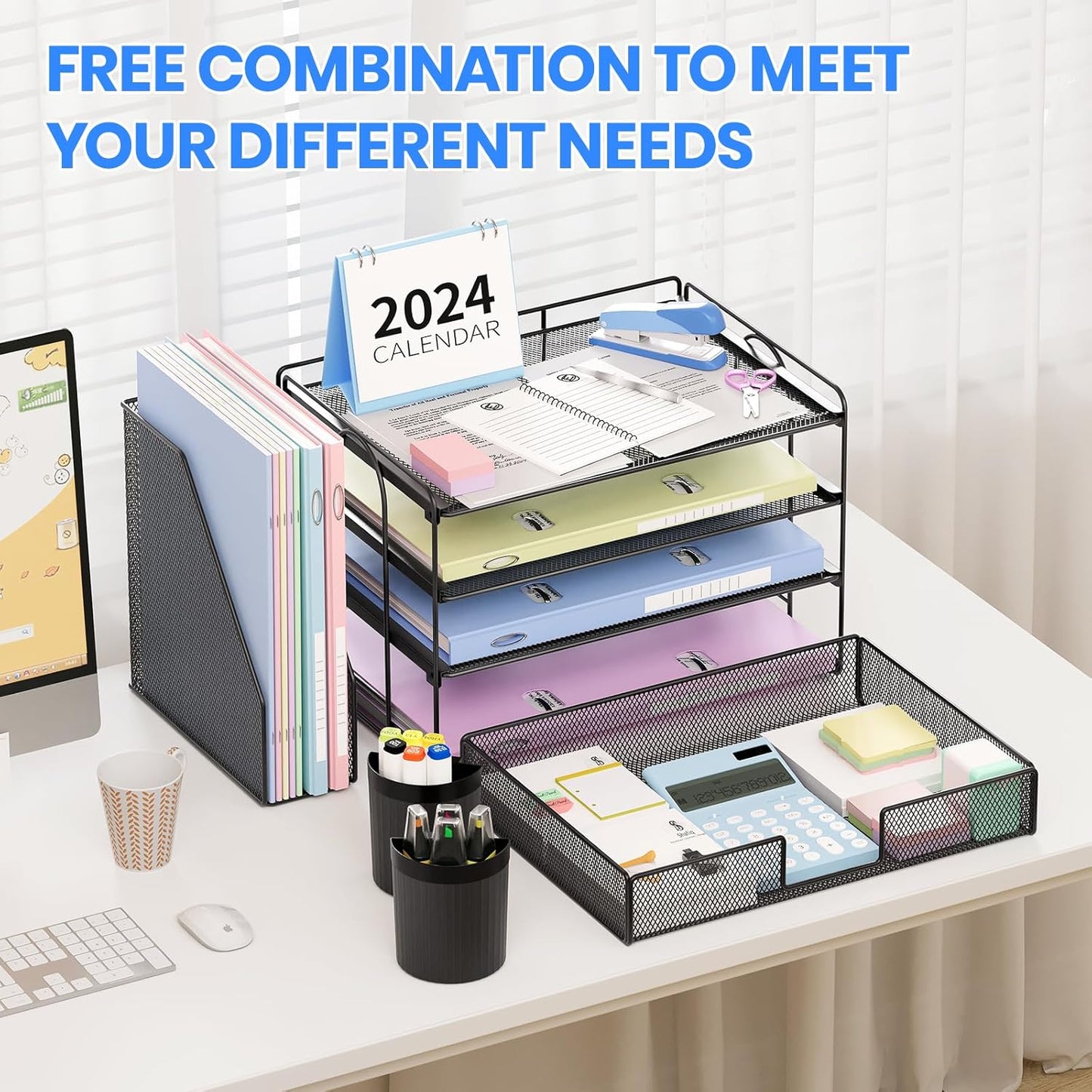 Desk Organizer and Accessories, 4-Tier Desktop File Organizer with Drawer and 2 Pen Holders, Office Desk Accessories for Office Supplies(Black)