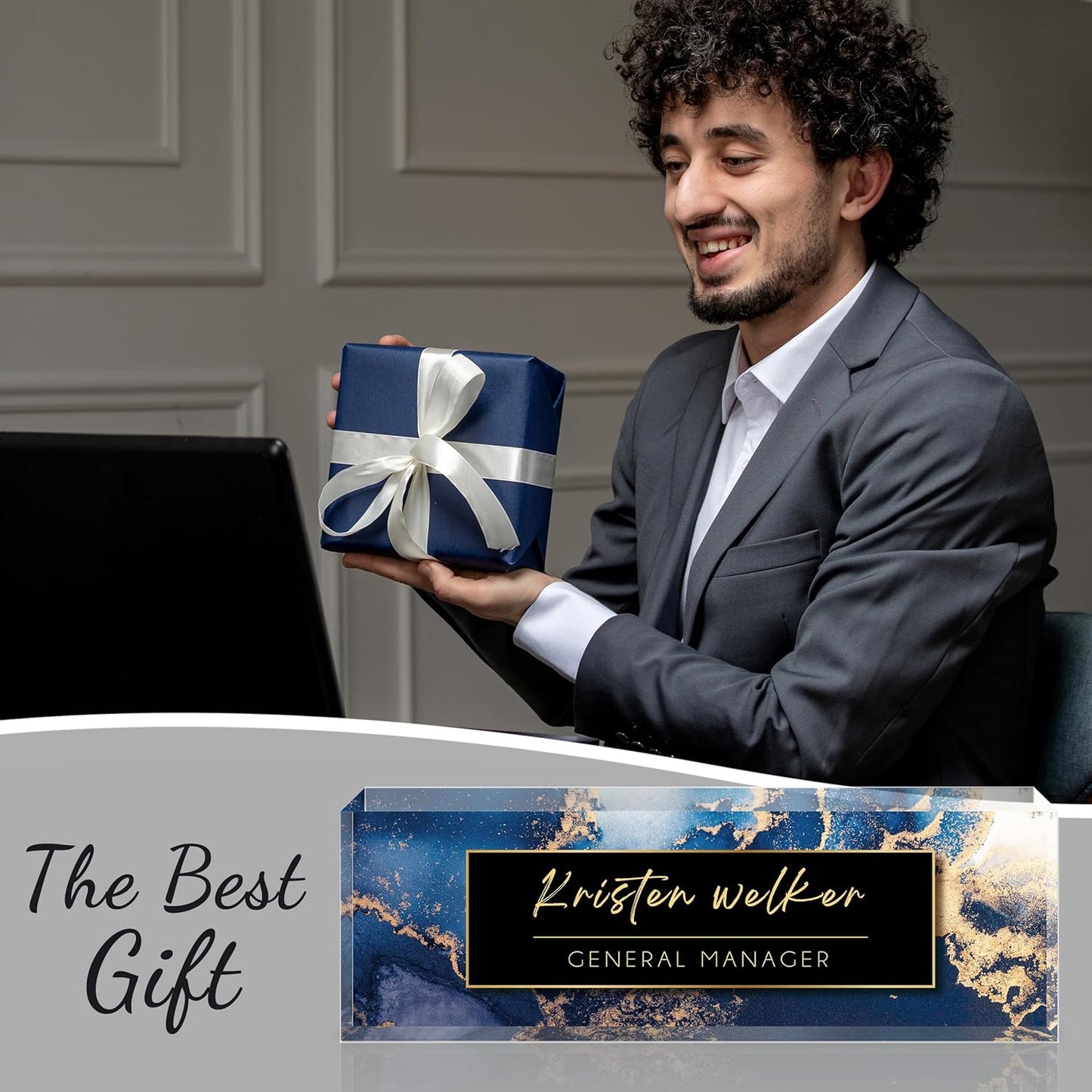 Personalized Name Plate for Desk - Custom Engraved Name Plates for Man - Boss Day Gifts for Boss - Acrylic Office Decor Appreciation Gifts for Teacher Nurse Coworker Social Worker (Ocean Blue)