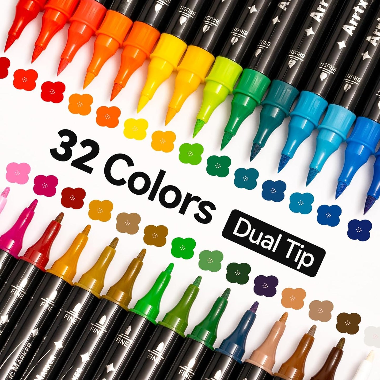 Arrtx Paint Markers Paint Pens, 32 Colors Acrylic Paint Pens for Rock Painting, Ceramic, Wood, Plastic, Calligraphy, Scrapbooking, Brush Lettering, Card Making, DIY Crafts (Fine Tip and Brush Tip)
