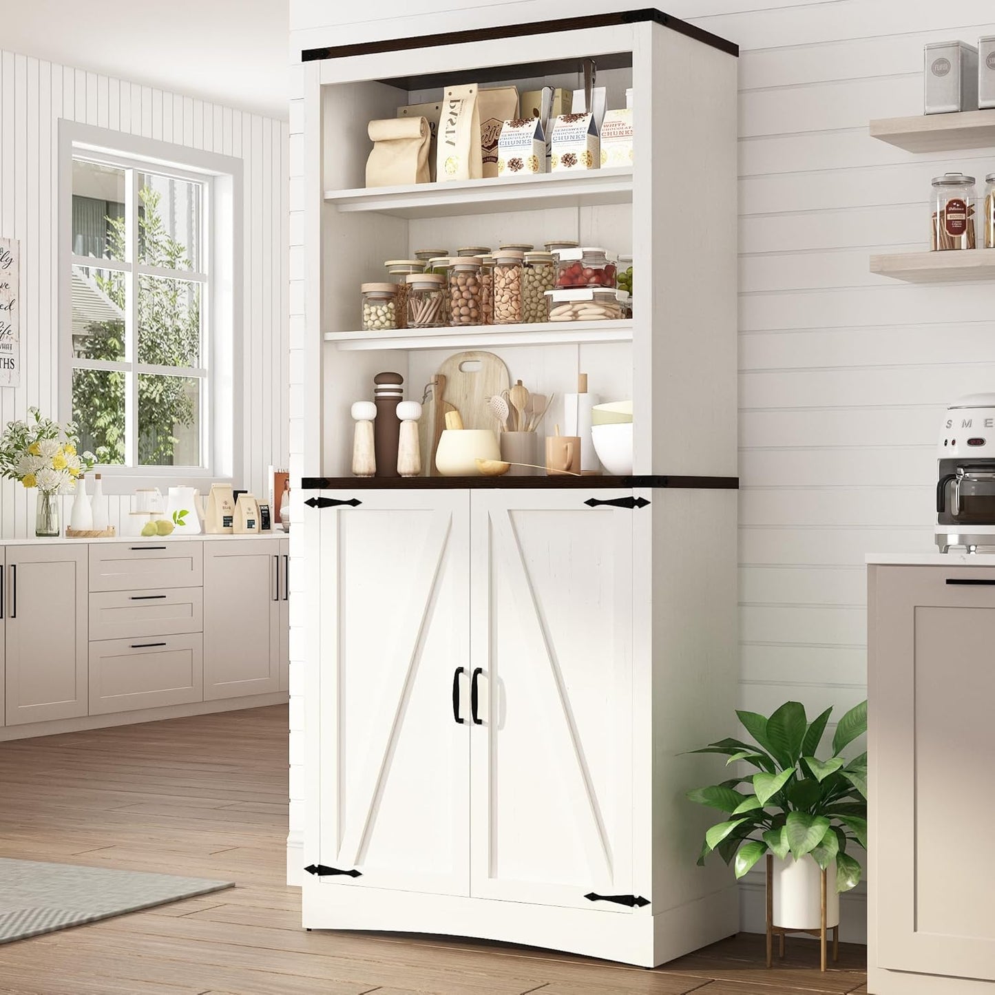 71in Farmhouse Kitchen Pantry Cabinet,Tall Storage Cabinet with 2 Doors and Adjustable shelves,with Load-Bearing Steel Pipe,Wood Storage Cabinets for Kitchen,Dining Room,Bathroom(White)