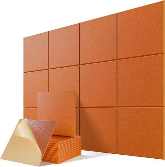 12 Pack Self-Adhesive Acoustic Panels, 12" X 12" X 0.4" High-Density Sound Proof Foam Panels for Walls, Soundproof Wall Panels for Home & Office (Orange)