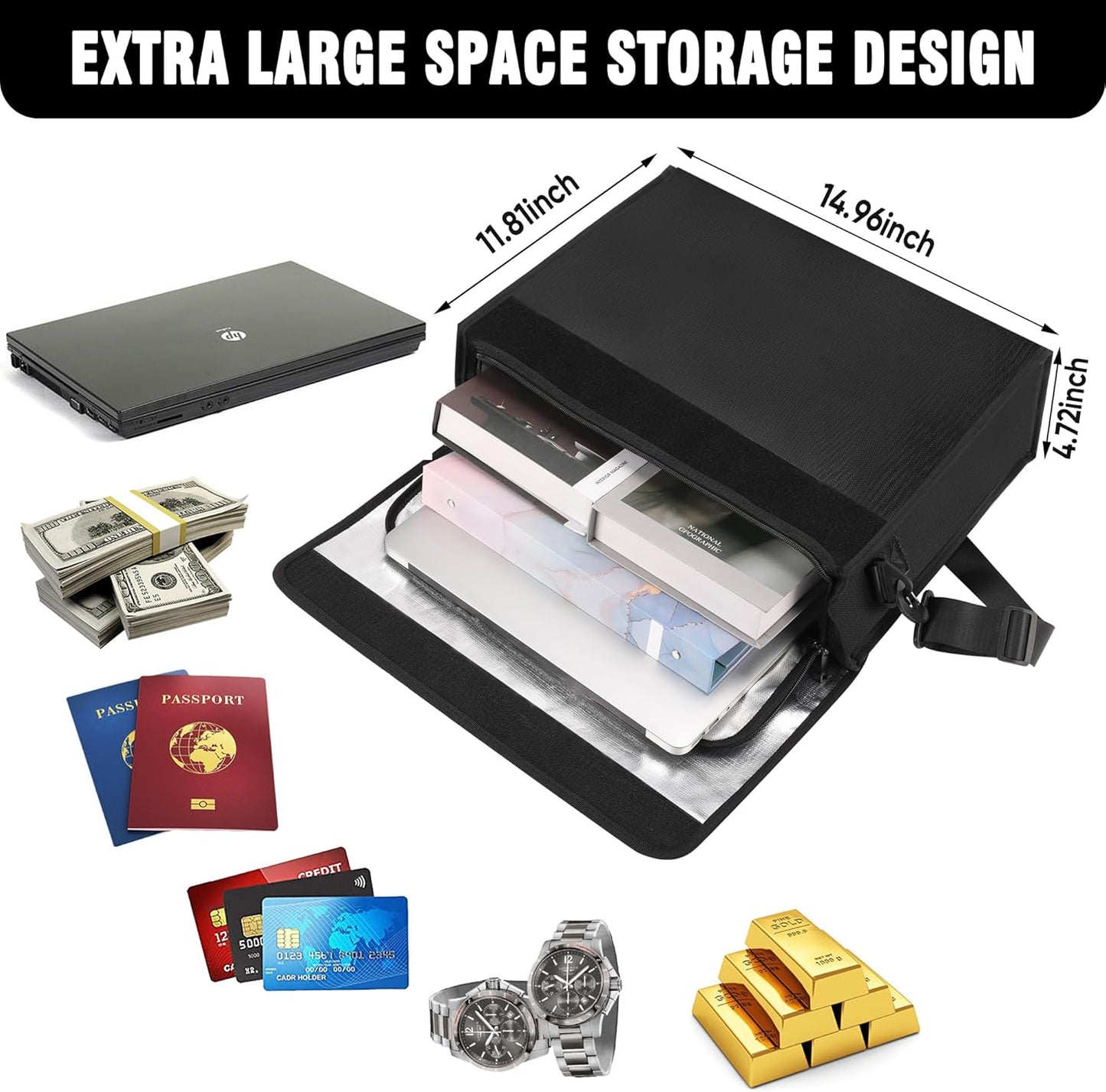 Fireproof Document Box with Zipper 5200℉ Insulated,14.9"x11.8"x4.7" Fireproof Bag with Shoulder Strap,Fire Proof File Box for Documents,Fireproof Money Bag for Cash,Valuables(Black)