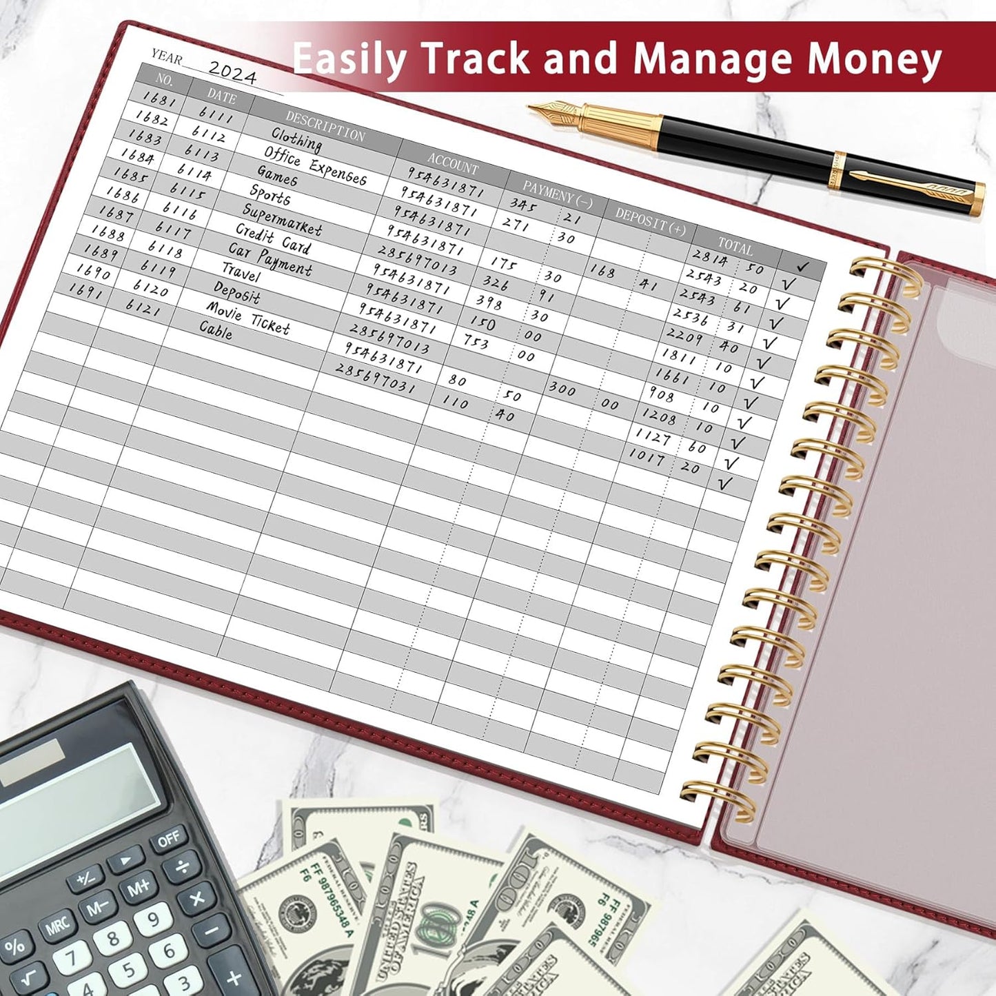 HAUTOCO Hardcover Accounting Ledger Book for Small Business Bookkeeping Horizontal Money Expense Tracker Notebook with 2 Storage Pouch, Personal Columnar Log Journal 10.78 x 8'', Cherry Red