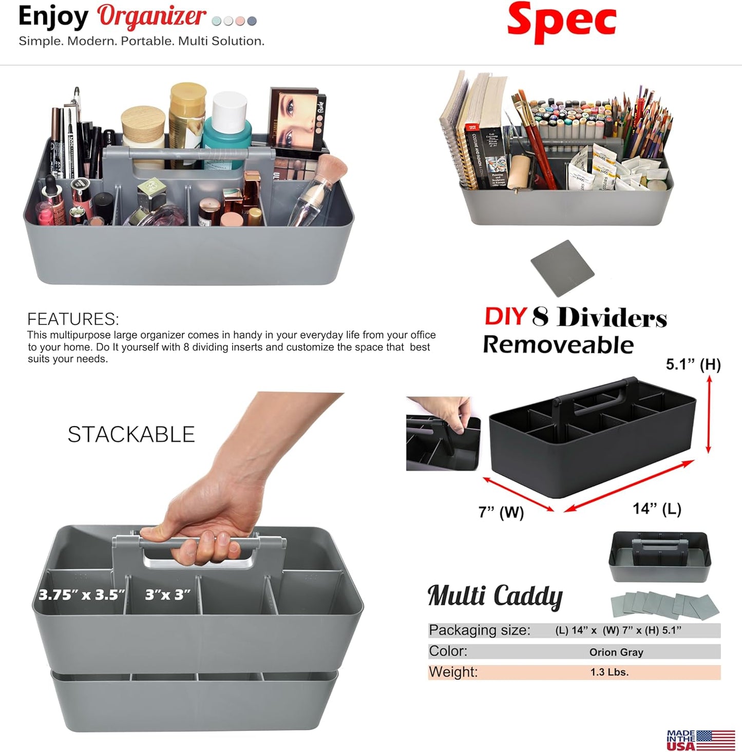 Portable Caddy Organizer - Stackable Plastic Caddy with Handle | Desk, Makeup, Dorm Caddy, Classroom Art Organizers (Made In Usa) (Mint/Ivory/Pink/Gray), OGMIX-4PACK