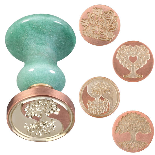 rockcloud Wax Seal Stamp Set, 4 Pieces Sealing Wax Stamps Copper Seals with 1 Green Aventurine Seal Handle for Cards Envelopes Invitation Decoration, Tree of Life