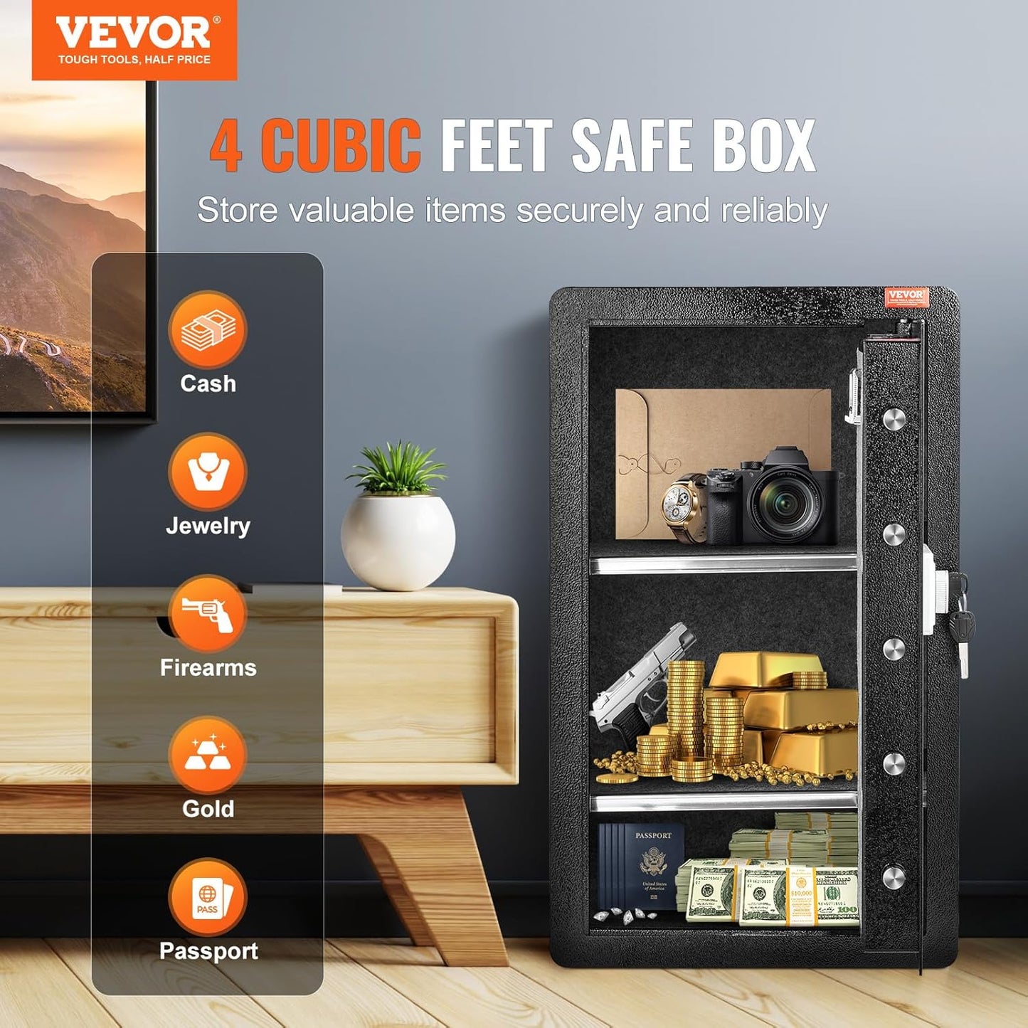 VEVOR Single Door 4.0 cu.ft Safe Box with Key Lock, Password & Fingerprint, Safe Lock Box with Fireproof Bag, Key Rack, LED Light, and 2 Shelves for Money, Documents, Jewelry, and Valuables, Black