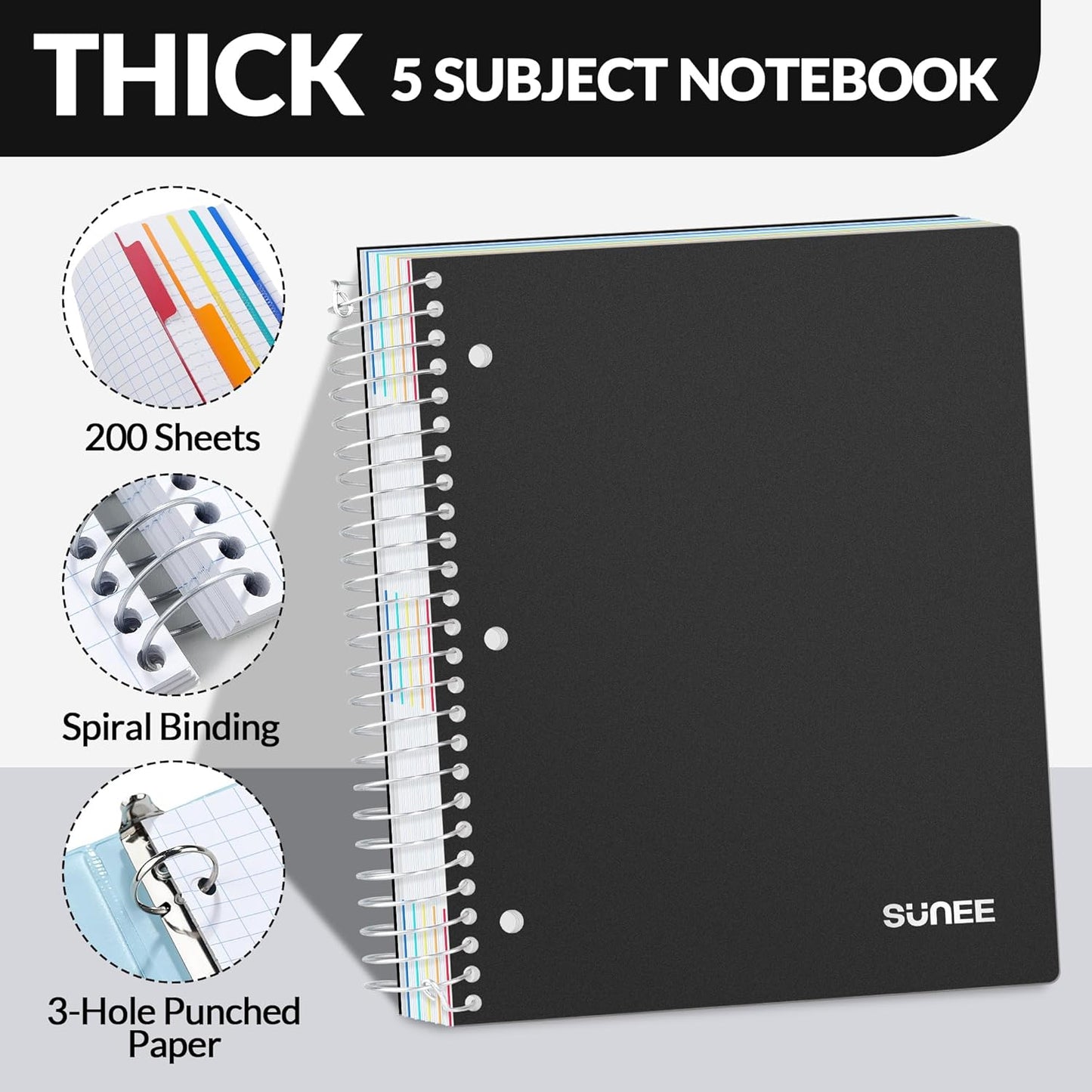 SUNEE 5 Subject Graph Paper Notebook - 400 Pages, 9"x11", 4x4 Graph Ruled Notebook, 5 Pocket Colored Dividers, 3-Hole Punched Paper, Black