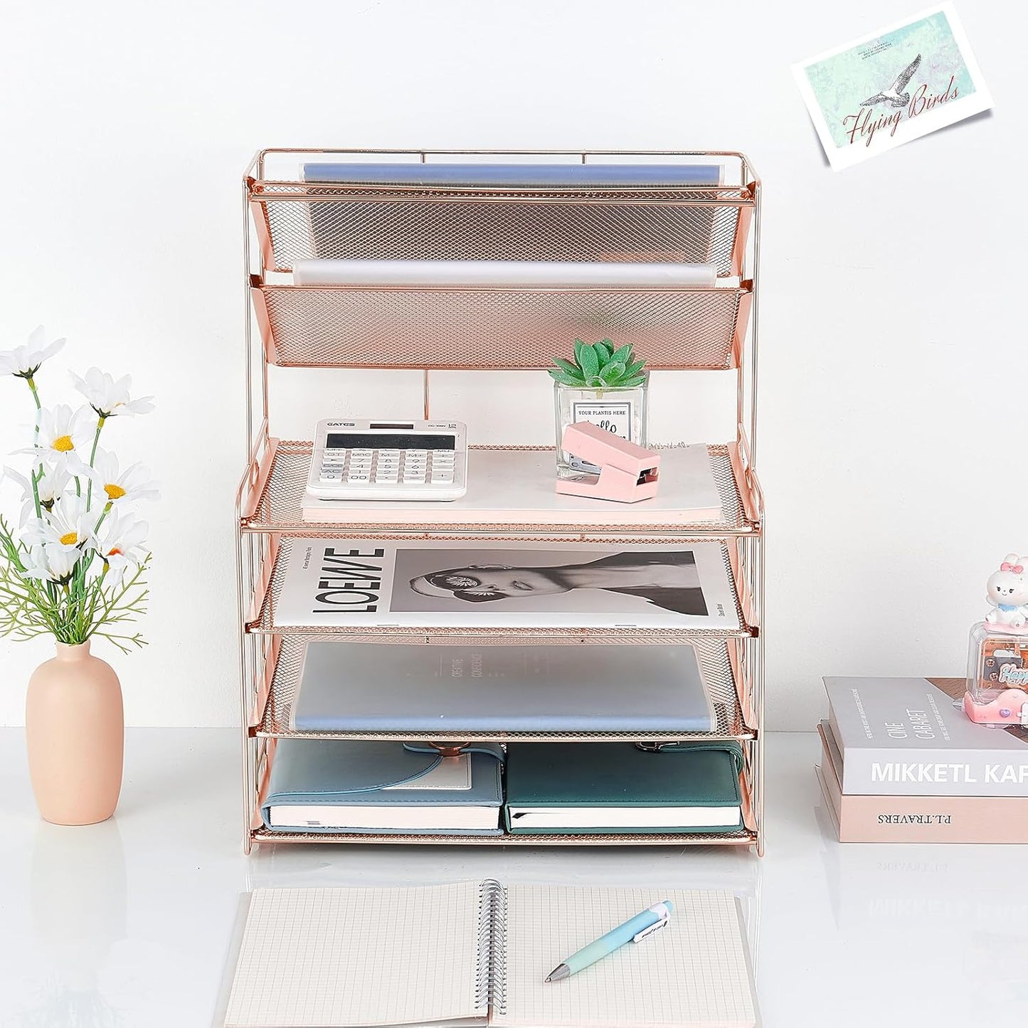 Desk Organizers and Accessories, 6-Tier Letter Tray Paper Organizer, Desktop File Organizer, Office Desk Accessories for Office Supplies (Rose Gold)