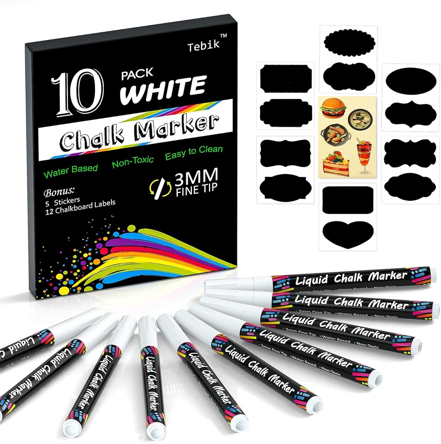 White Liquid Chalk Markers Set, Pack of 10 White Chalkboard Paint Pens with 12 Chalkboard Labels, 5 Stickers, Perfect for Chalkboards, Bistro Boards, Glass and Metal