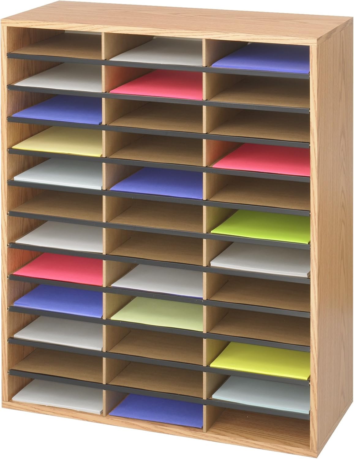 Safco Literature Organizer, 36 Compartments, Office and Classroom Mailbox with Adjustable Shelves, Wood Paper and Mail Sorter, Medium Oak