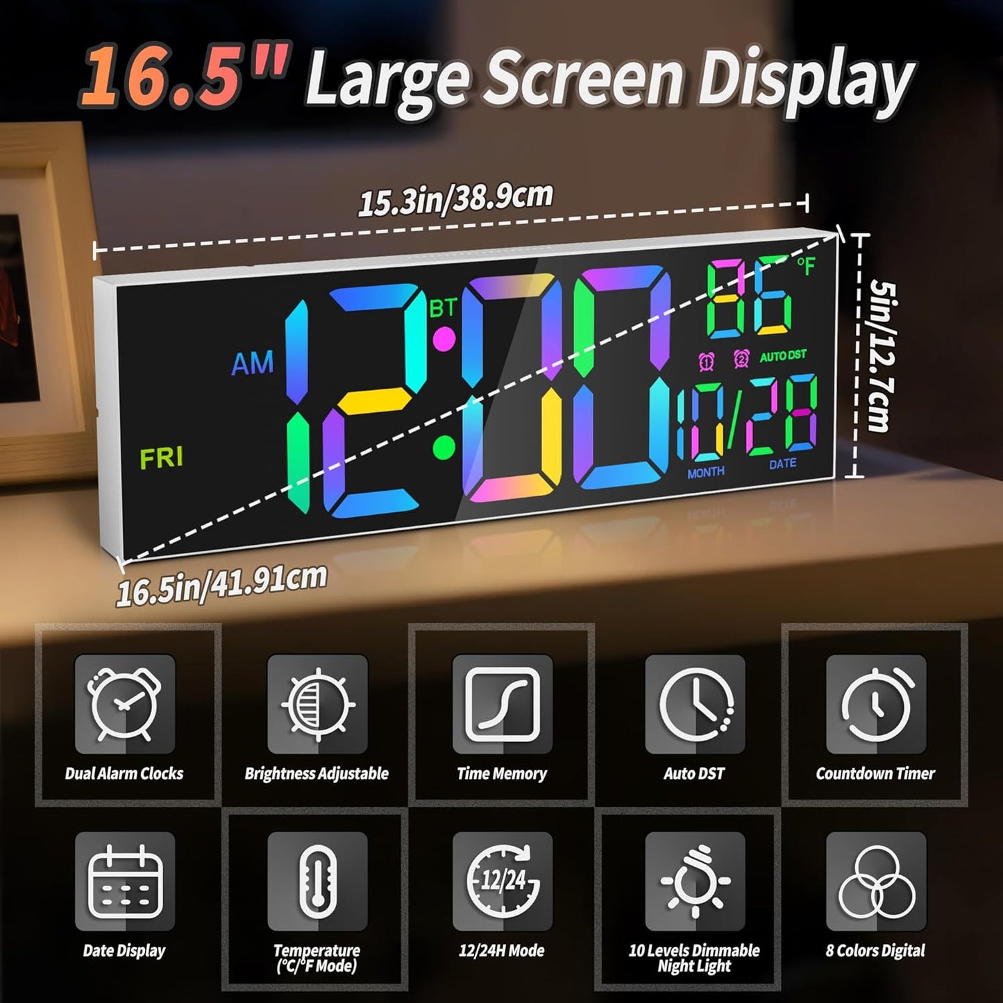 16.5" Large LED Wall Clock with Bluetooth Sync, Night Light, DST, 2 Alarms, RGB Color, Temperature, Remote Control, 12/24H, Timer for Living Room, Bedroom, Desk, Gift for Mother Father Elderly