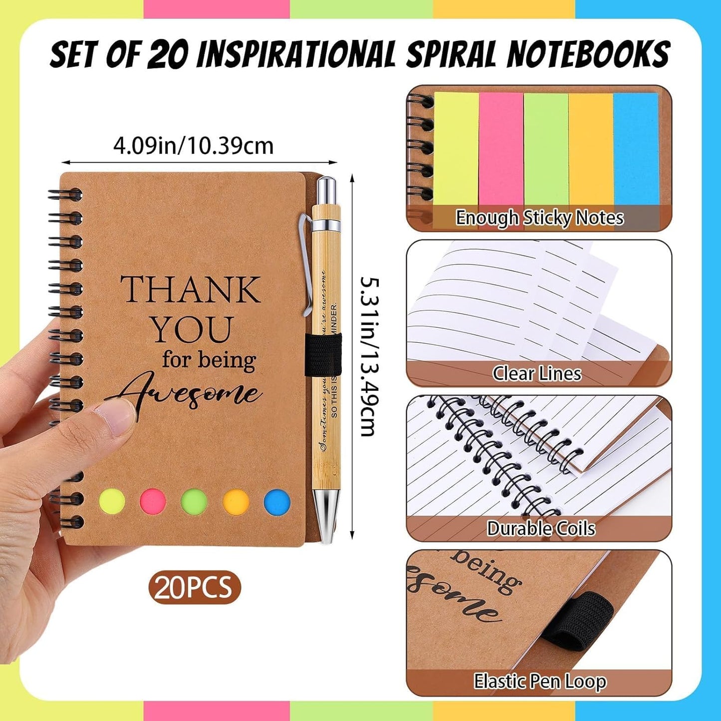 20 Sets Employee Appreciation Gifts Spiral Notebooks with Sticky Notes Notepads Thank You Journals Inspirational Bamboo Ballpoint Pens Bulk for Nurse Teacher Coworker