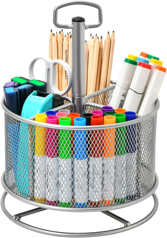 Marbrasse Mesh Desk Organizer, 360-Degree Rotating Multi-Functional Pen Holder, 4 Compartments Desktop Stationary Organizer, Home Office Art Supply Storage Box Caddy (silver)