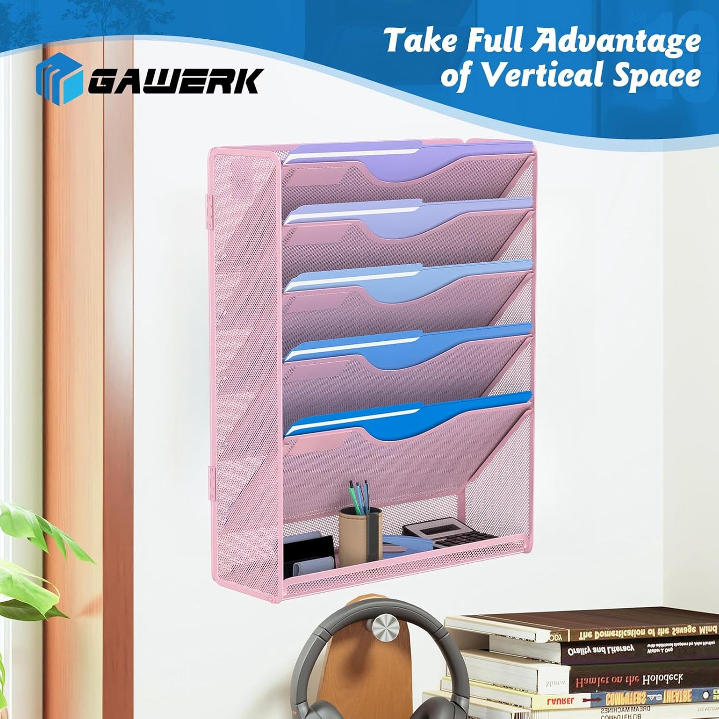 6 Tier Hanging File Organizer, Mesh Wall File Holder Paper Folder Rack with Bottom Flat Tray for Office Home, Pink