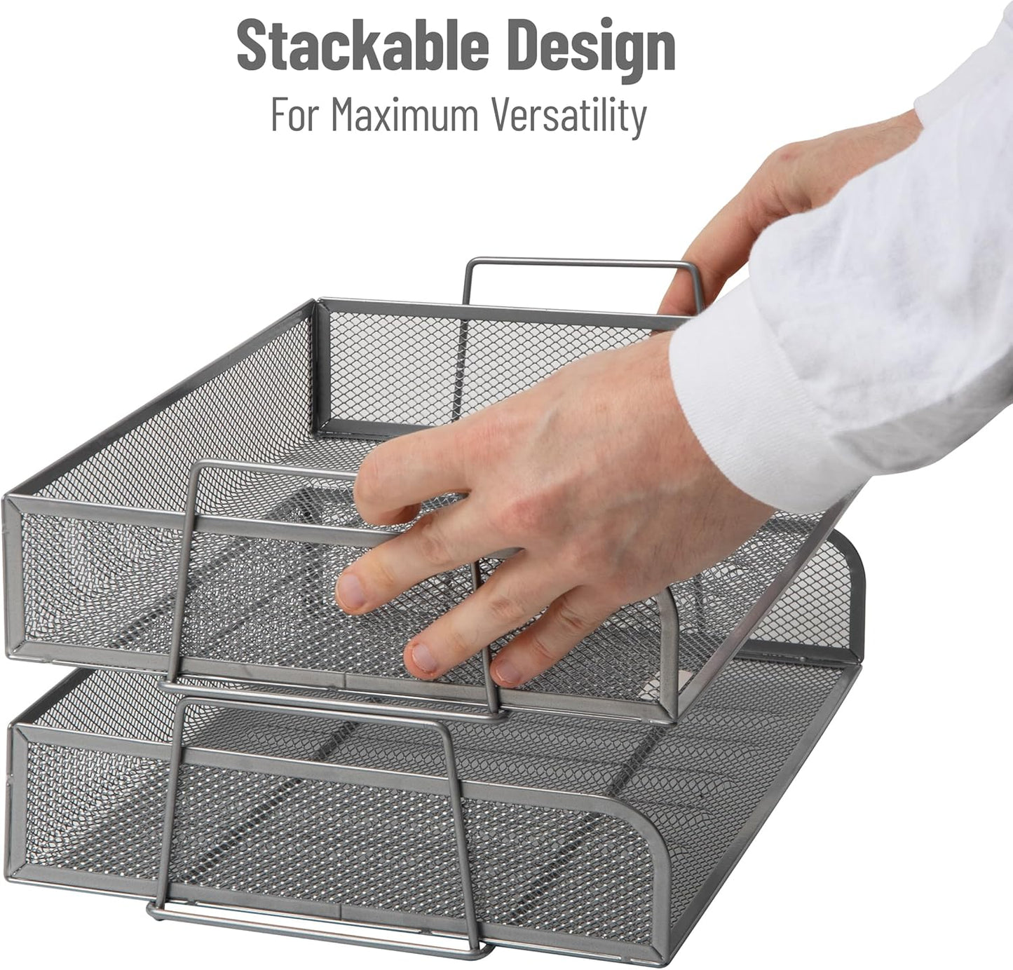Mind Reader Stackable Paper Tray, Desktop Organizer, File Storage, Office, Metal Mesh, 13.25" L x 9.75" W x 6.25" H, 2 Pcs., Silver
