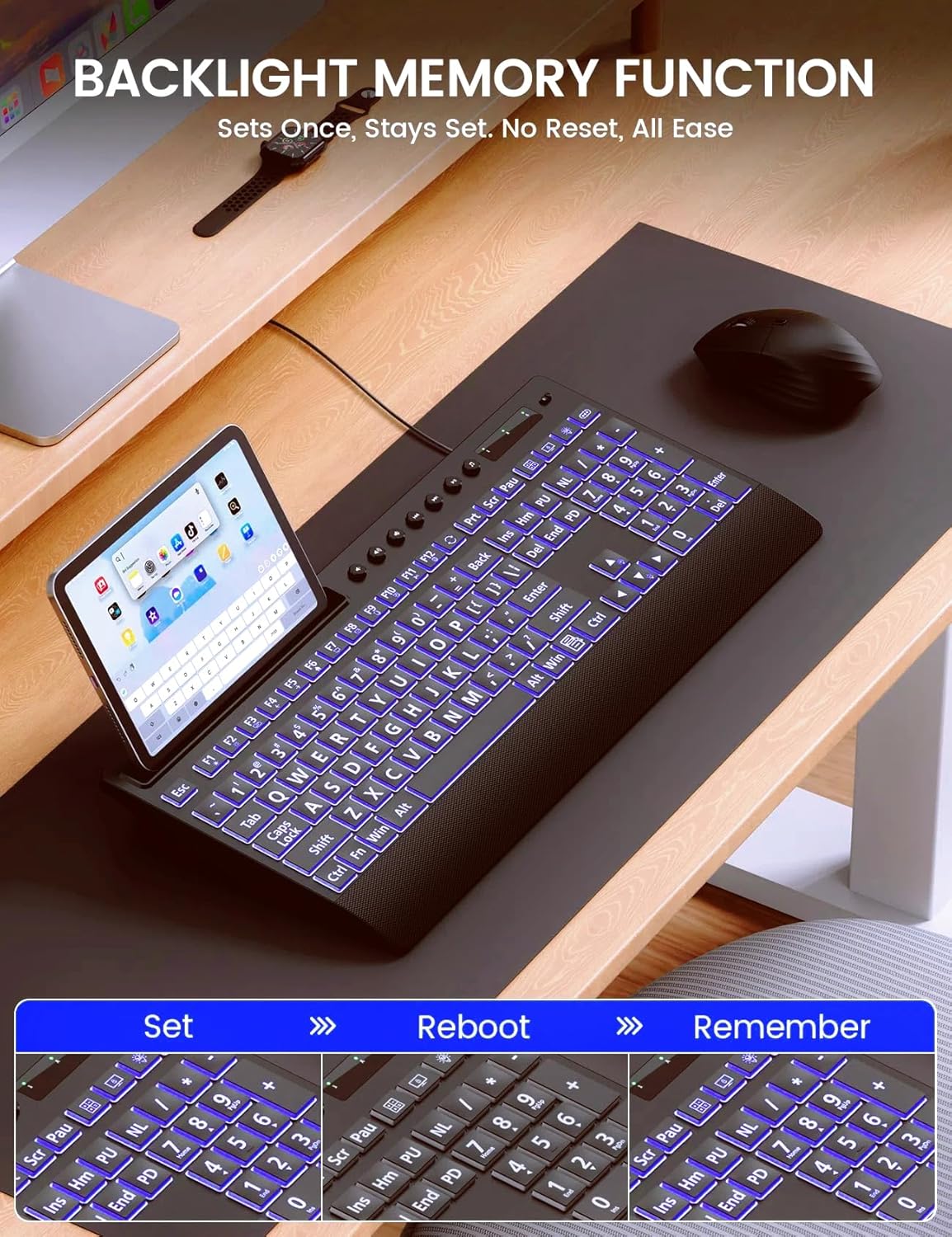 SABLUTE Large Print Backlit Keyboard, USB Wired Computer Keyboard with Backlight Memory Function, Wrist Palm, 7-Color Lighted Office Home Keyboards,Light Up Keyboard for Windows Desktop, Laptop, PC
