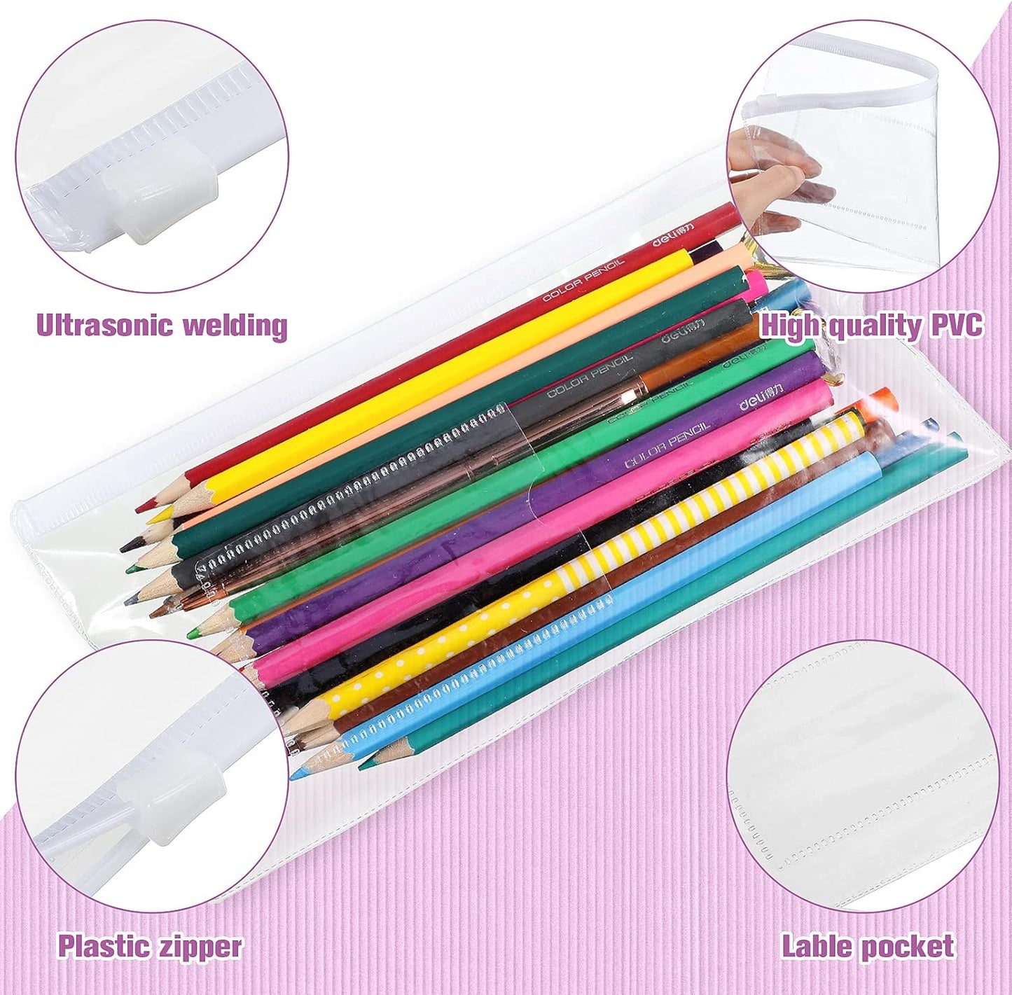 Marspark 100 Pieces Clear Pencil Case Zipper Envelope Bulk with Label Pocket Clear Plastic Envelopes with Zippered, A6 Pencil Bags for Cash, School Office Supplies, 9.2 x 4.7 Inches(White)