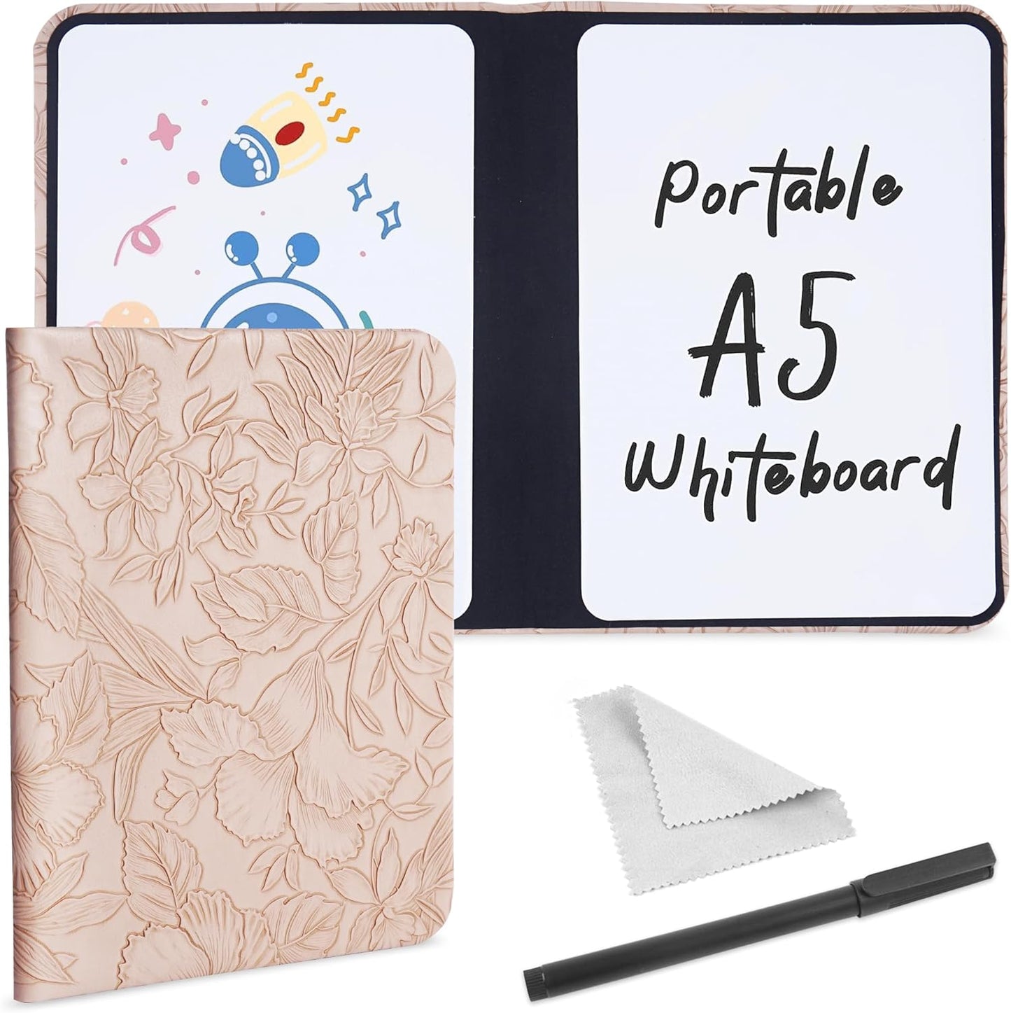 Portable Small White Board Dry Erase Board, Reusable 9.5 * 6.6in Notebook Memo, Office Home Supplies Desk Accessories(1-Carved Apricot)