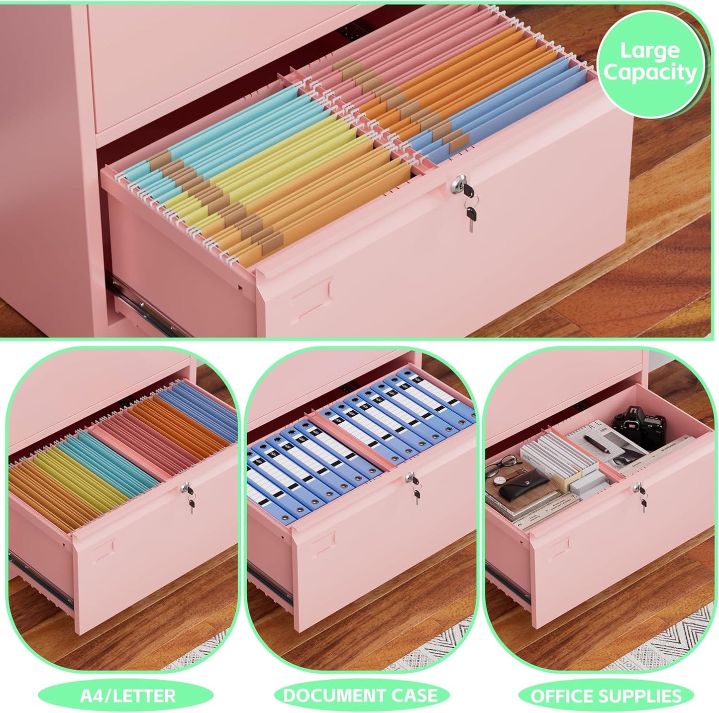 Aobabo 2 Drawer Wide Lateral File Cabinet, Metal Filing Cabinet with Lock, Suitable for Home Office School Hanging Files Letter/Legal/F4/A4 Size,Pink,Required-Assembly,15.87" D x 28.94" W x 30.24" H