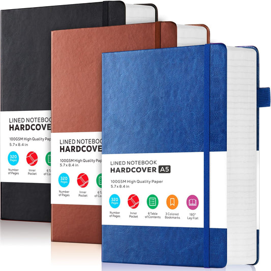 3 Pack Journal Notebook, 320 Pages A5 Lined Notebook Journal Set for Work Writing, Hardcover Leather Bound Notebooks Bulk for Women Men Office School, 5.7'' X 8.4'', Multicolor
