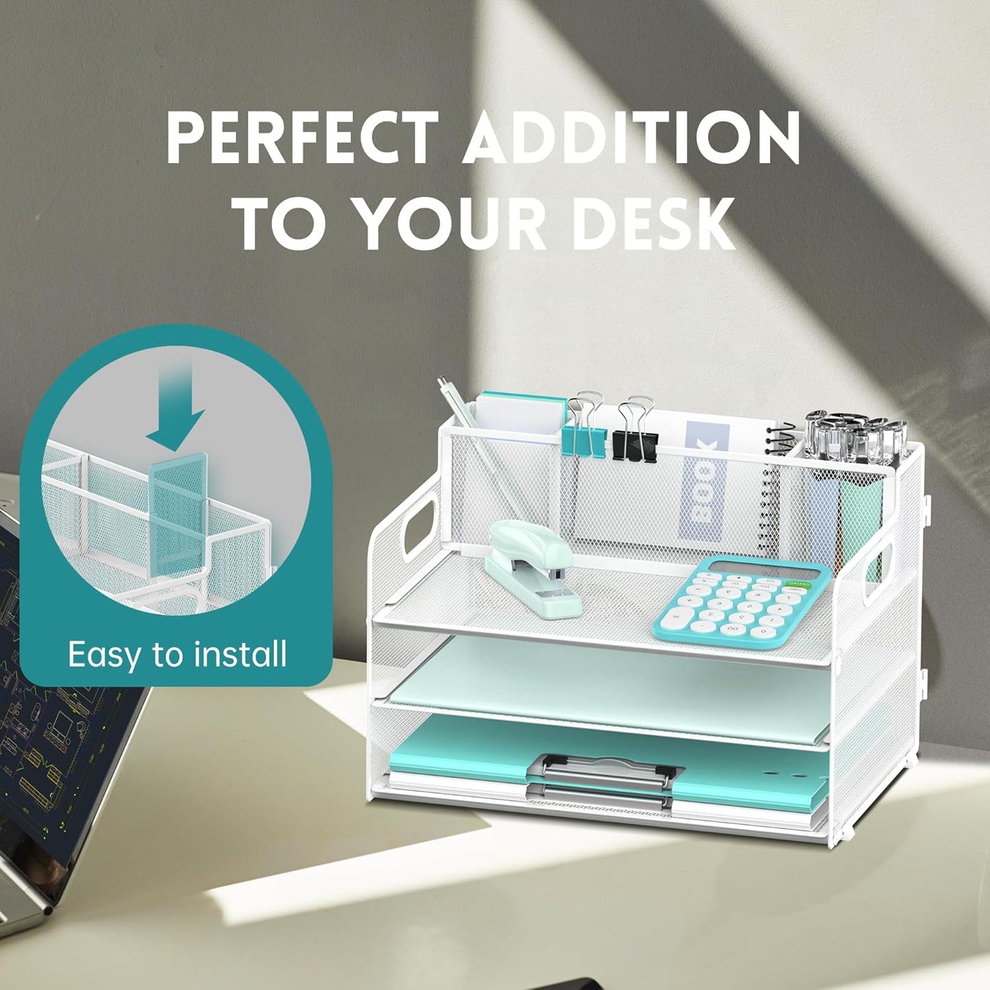 SUPEASY 3 Tier Desk Organizer with Handle & 3 Pen Holders, Mesh Paper/File Organizer for Desk, Paper Letter Tray Organizer for Office Supplies (White), 1 Pack, 3CST-3PH