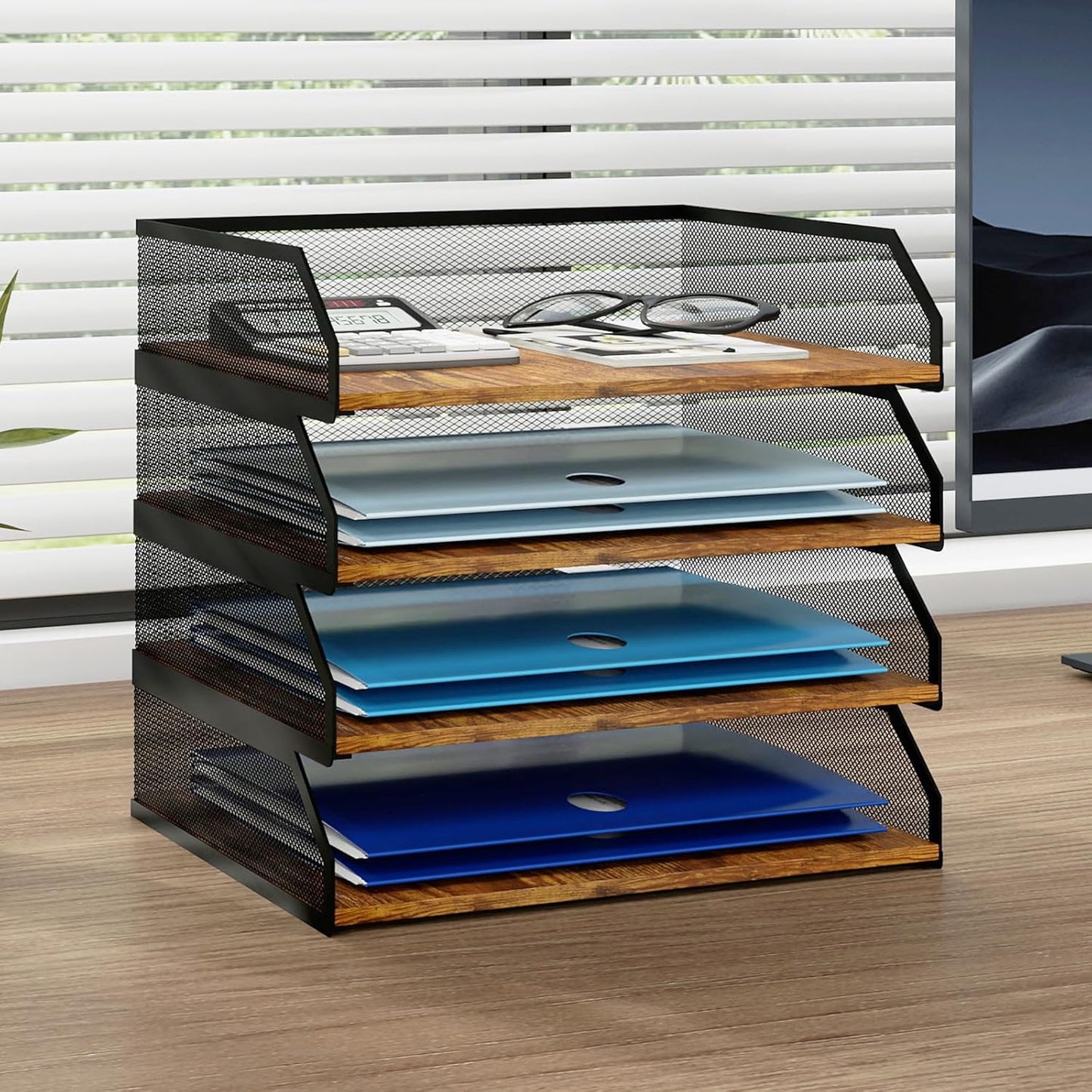 Natwind 4-Tier Stackable Paper Tray, Metal Mesh Desktop Organizer, Paper Sorter, Letter Trays,File Document Storage Rack for for Home, Office, School (Retro)