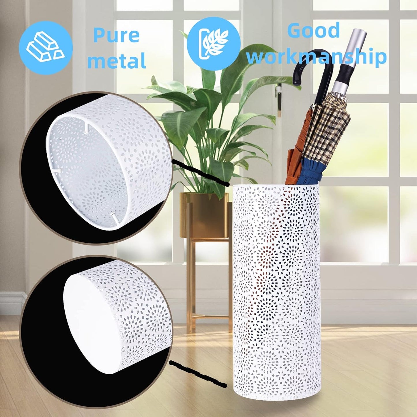 Umbrella Stand Rack for Entryway, Free Standing Metal Umbrella Holder, Round Umbrella Organizer Bin with 3 Hooks for Long Short Umbrella, Walk Stick, Home Office Indoor, 17 x 7 Inch, White