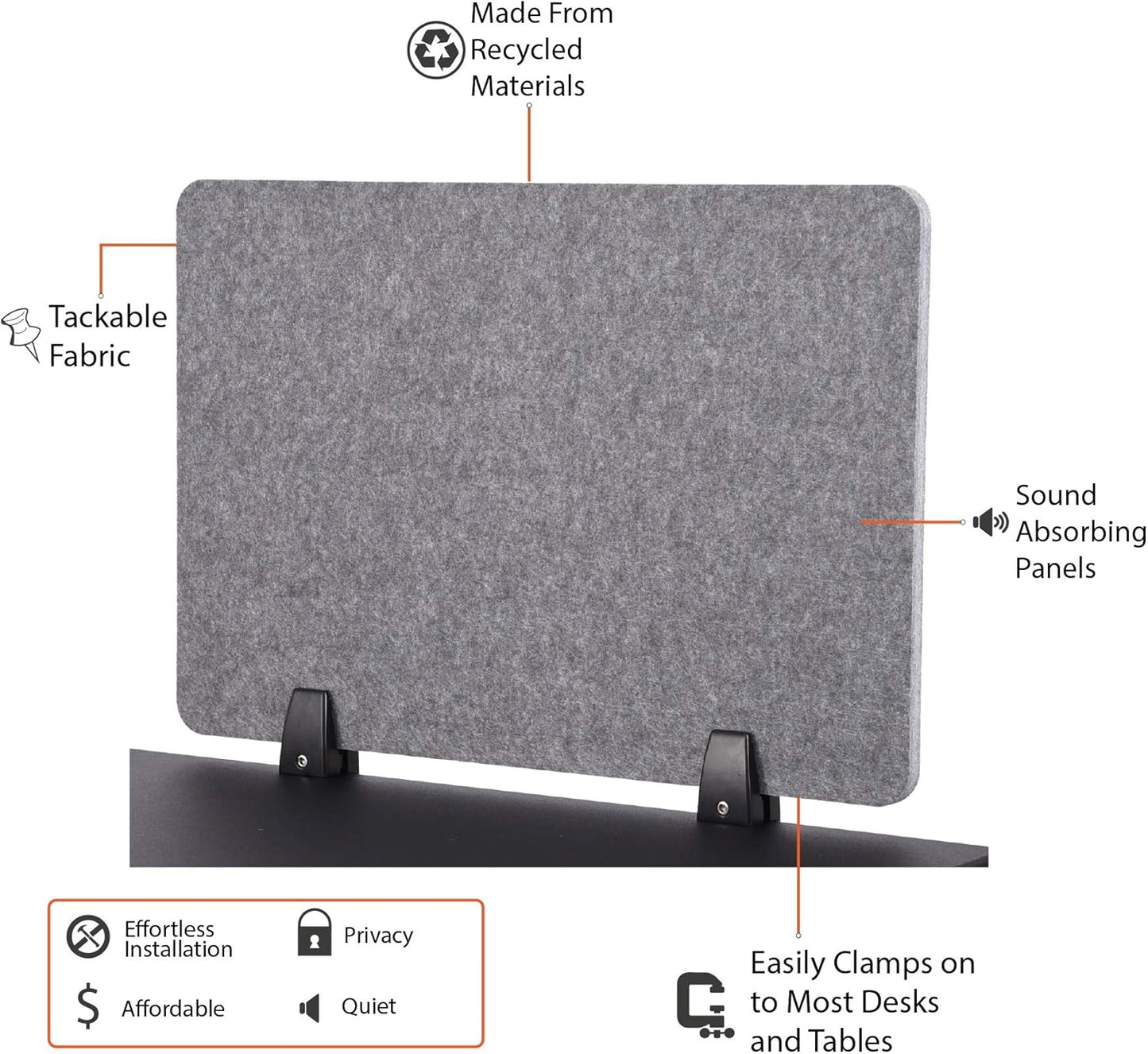 ReFocus™ Raw Clamp-On Acoustic Desk Divider – Reduce Noise and Visual Distractions with This Lightweight Desk Mounted Privacy Panel (Castle Gray, 47.25" x 16", 23.6" x 16", & 23.6" x 16")