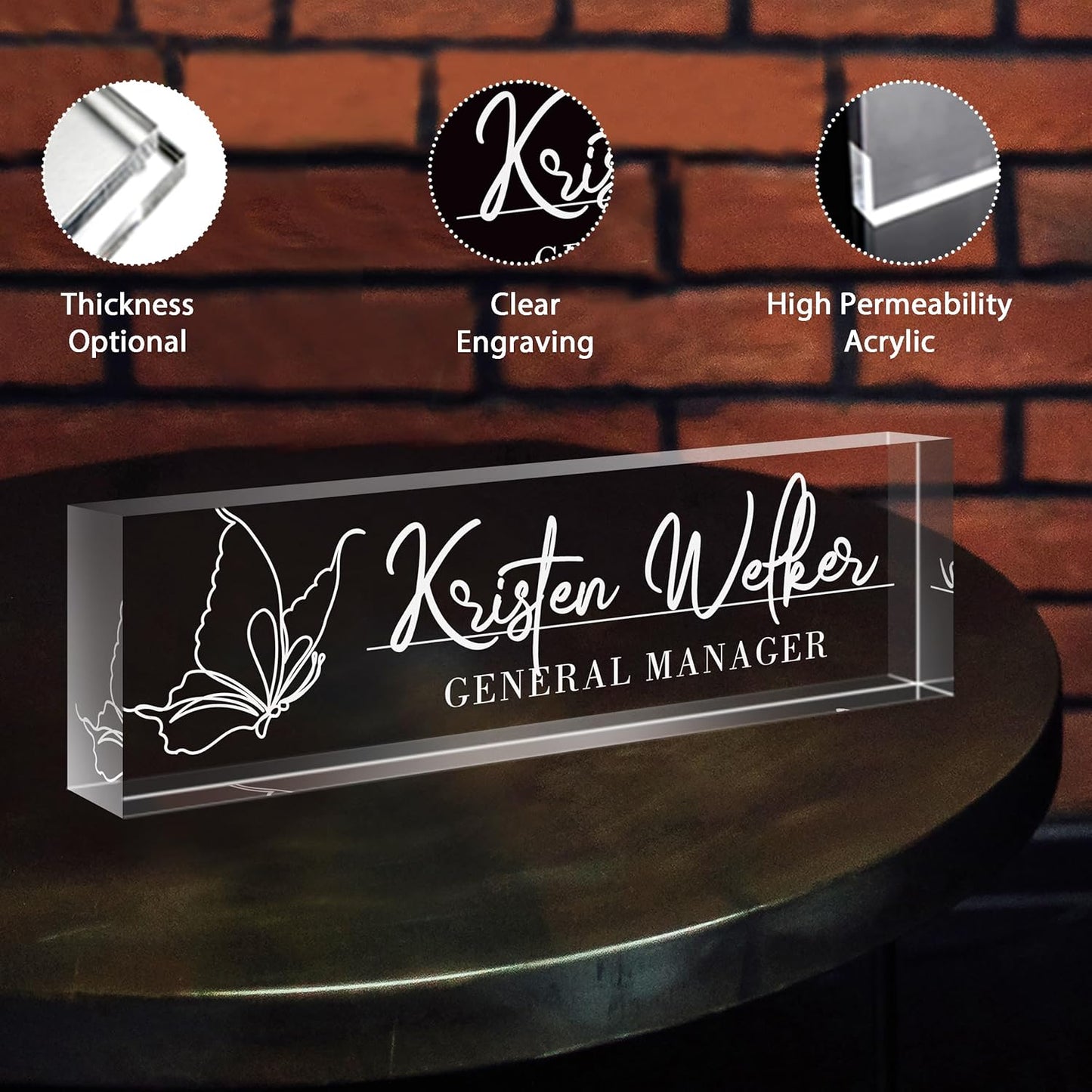 Personalized Name Plate for Desk - Custom Engraved Name Plates for Man - Boss Day Gifts for Boss - Acrylic Office Decor Appreciation Gifts for Teacher Nurse Coworker Social Worker (White Butterfly)