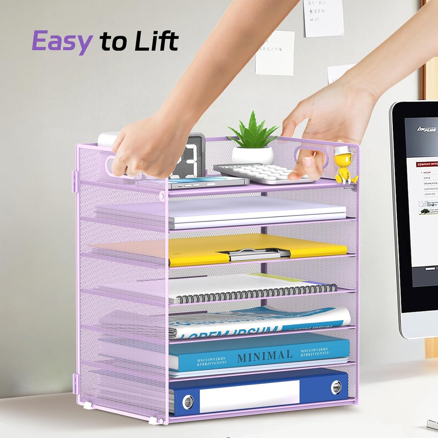 7 Tier Paper Organizer - Mesh Desktop File Holder with Handles for Office School Desk, Black (Purple)