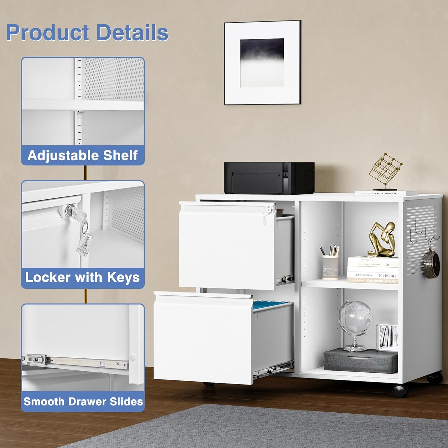 Metal File Cabinet,Lockable Lateral Filing Cabinet for Letter/A4 Size Files,Rolling Printer Stand with Adjustable Shelf & Lockable Wheelss for Home Office(White)