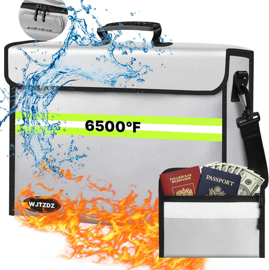Fireproof Money Bags with Lock-6500°F Fireproof Document Box,10 Layers Insulation Materials&Waterproof Zipper,Removable Folder Layers/Wallet,Reflective Strip for Cash,Valuables(14.2”x 9.6”x 4.1”)