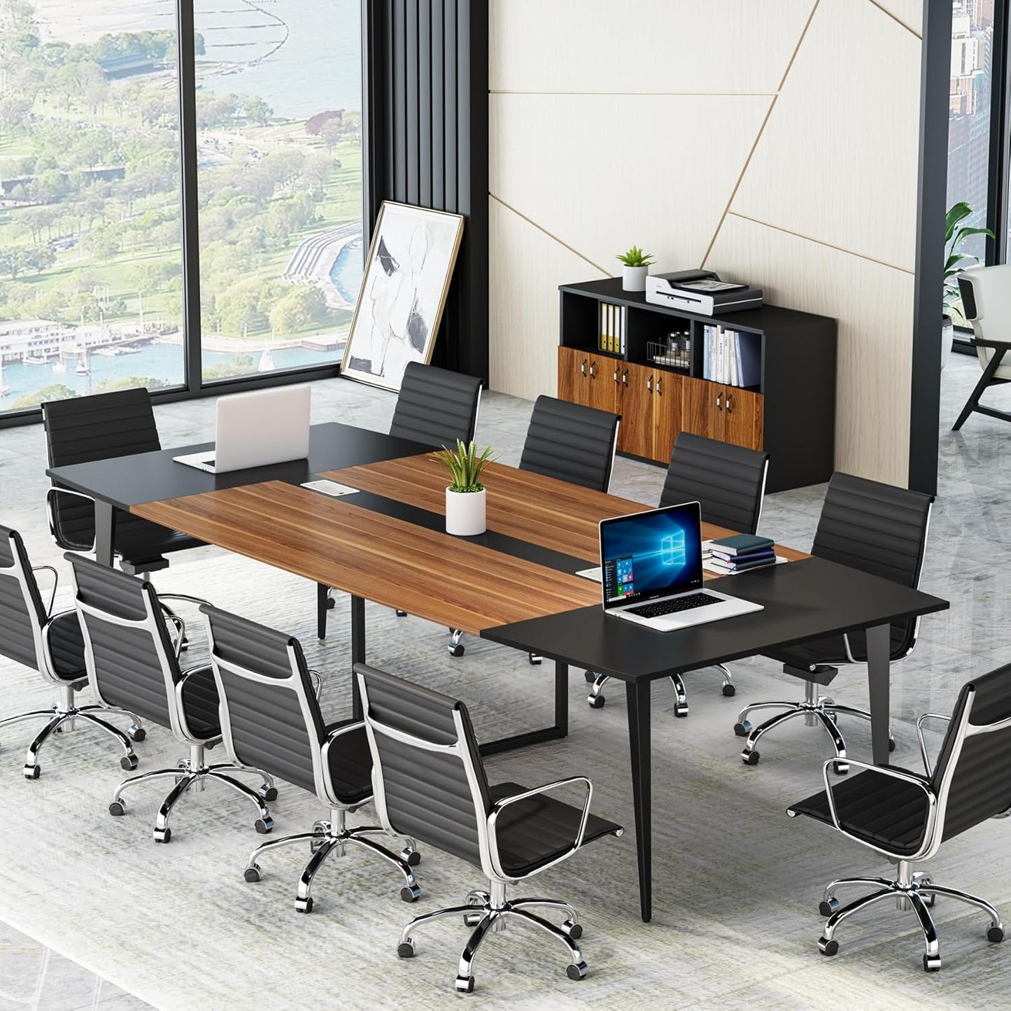 Tribesigns 8FT Conference Table, 94.48L x 47.24W x 29.52H Inches Boat Shaped Meeting Table with Rectangle Grommet, Modern Seminar Boardroom Table for Office Conference Room (8ft, Walnut & Black)