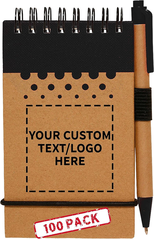 DISCOUNT PROMOS 100 Recyclable Spiral Small Notebooks Pack - Customizable Text, Logo - 60 Lined Pages - Black