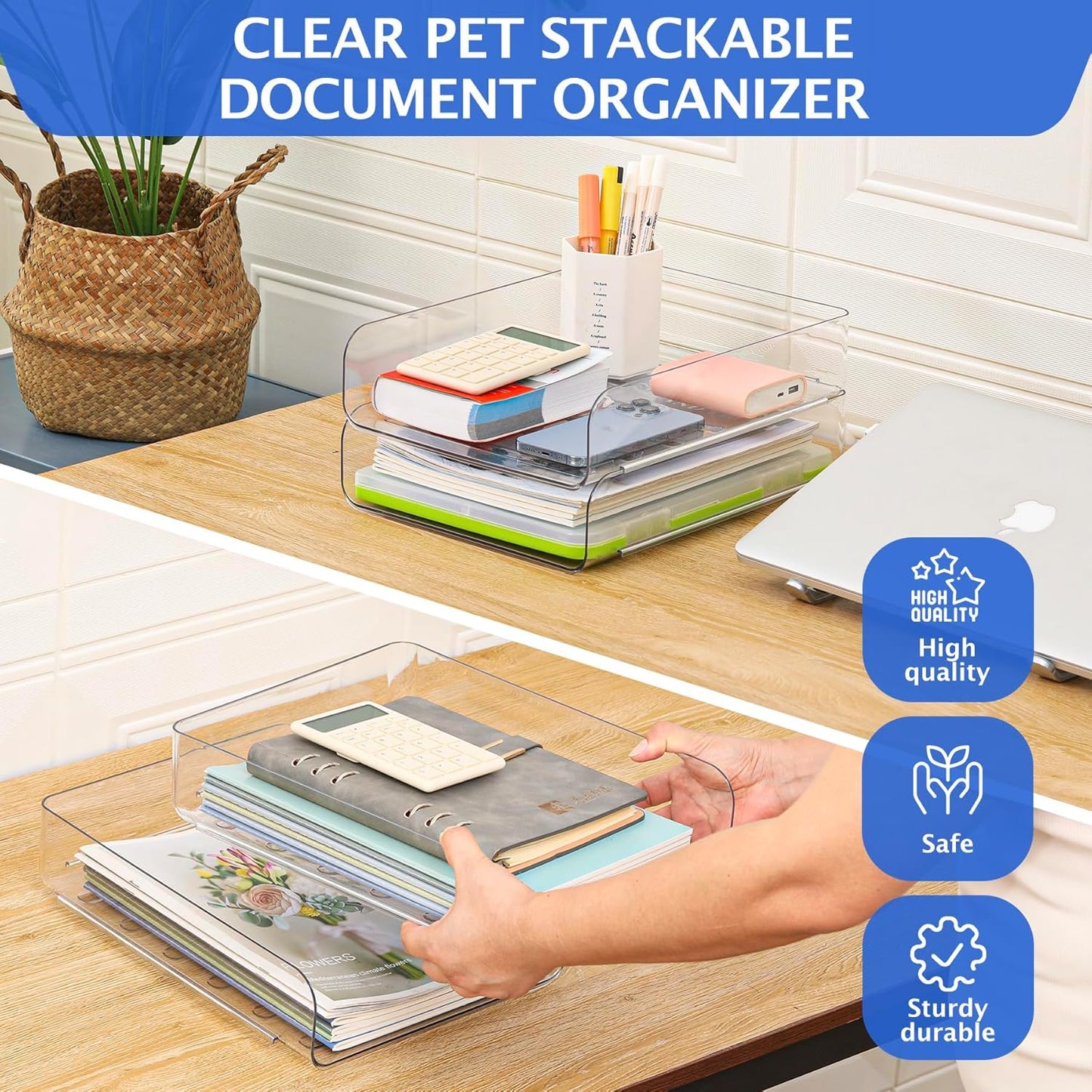 Set of 2 Desk Letter Tray, Office Organization and Storage, Clear PET Letter Tray Desk Organizer, Stackable Document Organizer for Notes, Pens, File Paper