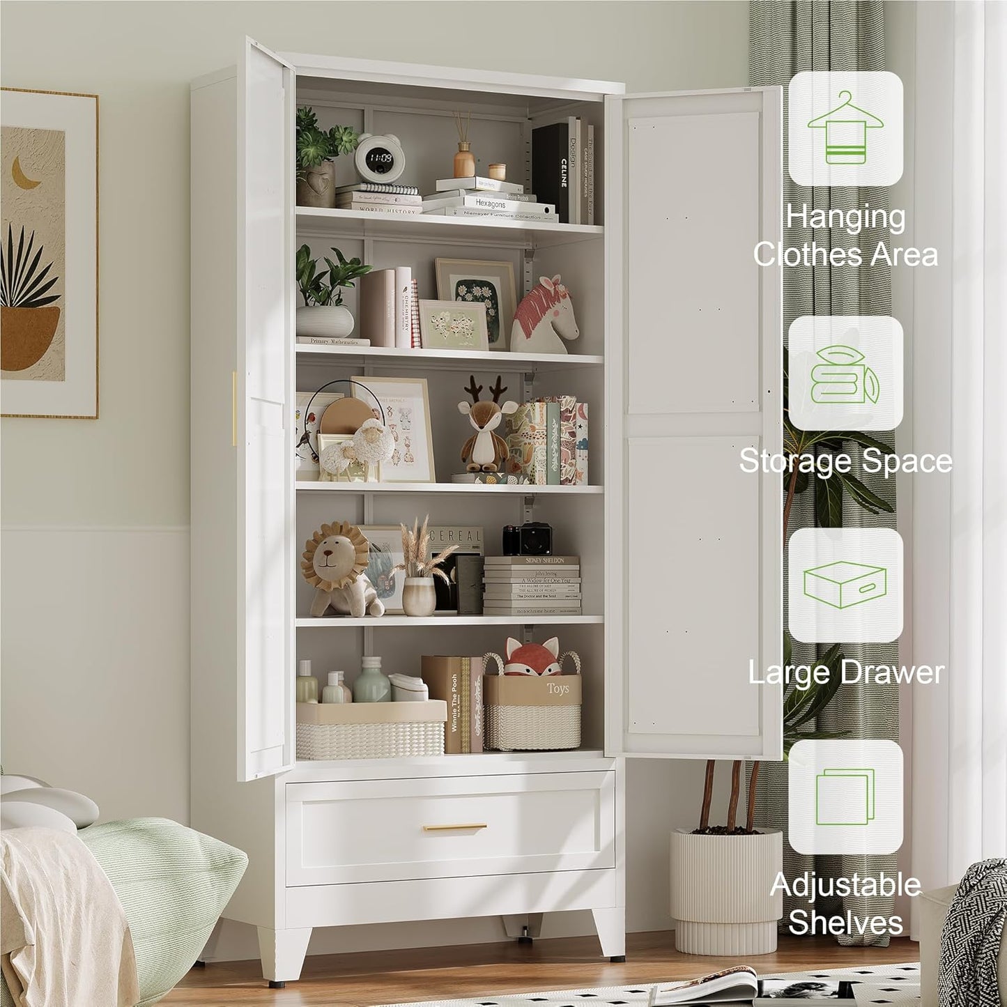 71" Tall Metal Storage Cabinet with Drawer and Adjustable Shelves,Farmhouse Kitchen Pantry Storage Cabinet with Doors,Large Wide Cabinets for Craft Room,Office,Dining Room,Bathroom(White)