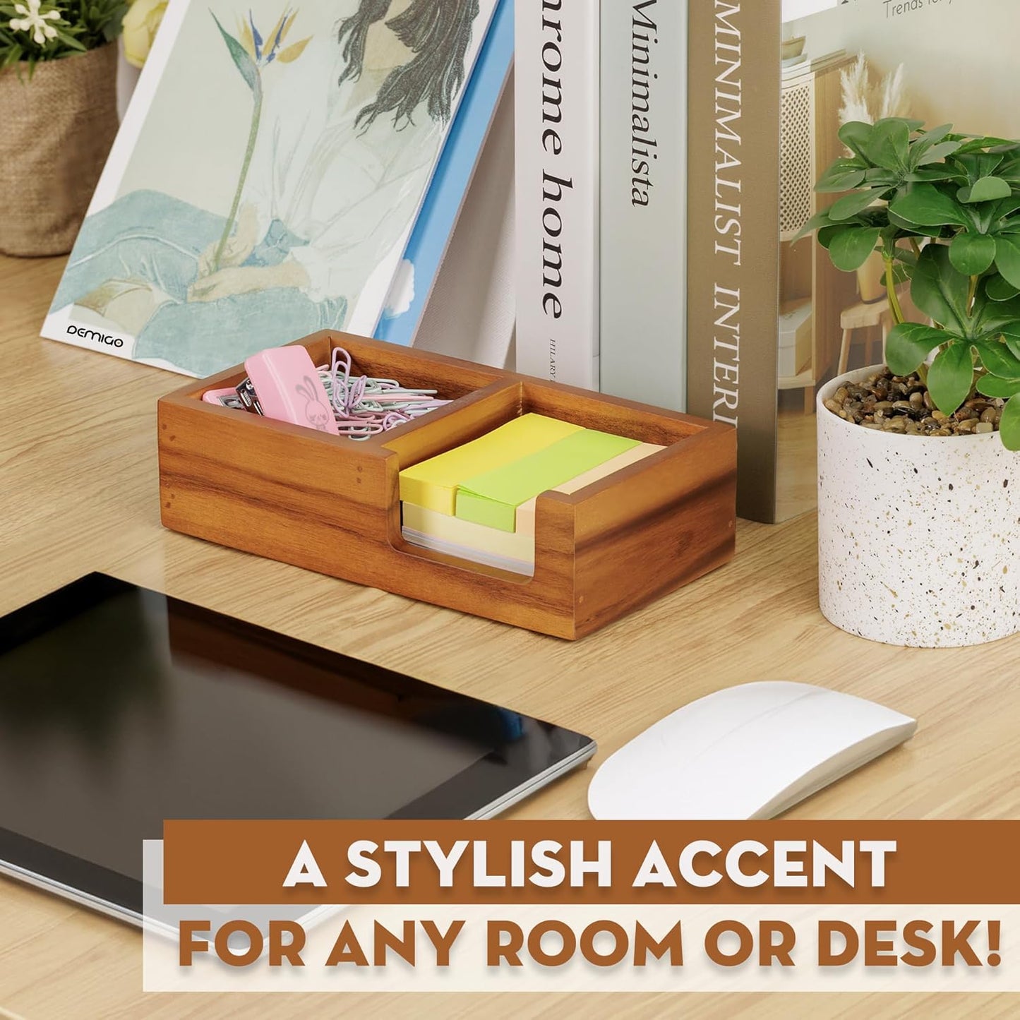 Wooden Sticky Note Holder for Desk – Solid Acacia Wood Organizer for 3x3 Note Pads, Paper Clips, Office Supplies – Compact Memo Pad Holder for Home Office, Teachers