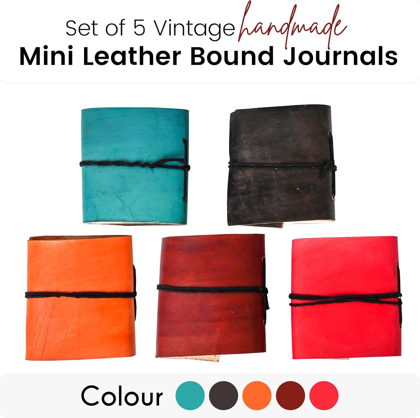 Set of 5 Vintage Handmade Mini Leather Bound Journals – Book of Shadows Journal with Unlined Deckle Edge Pages – Small Leather Diary for Writing, Drawing, Travel