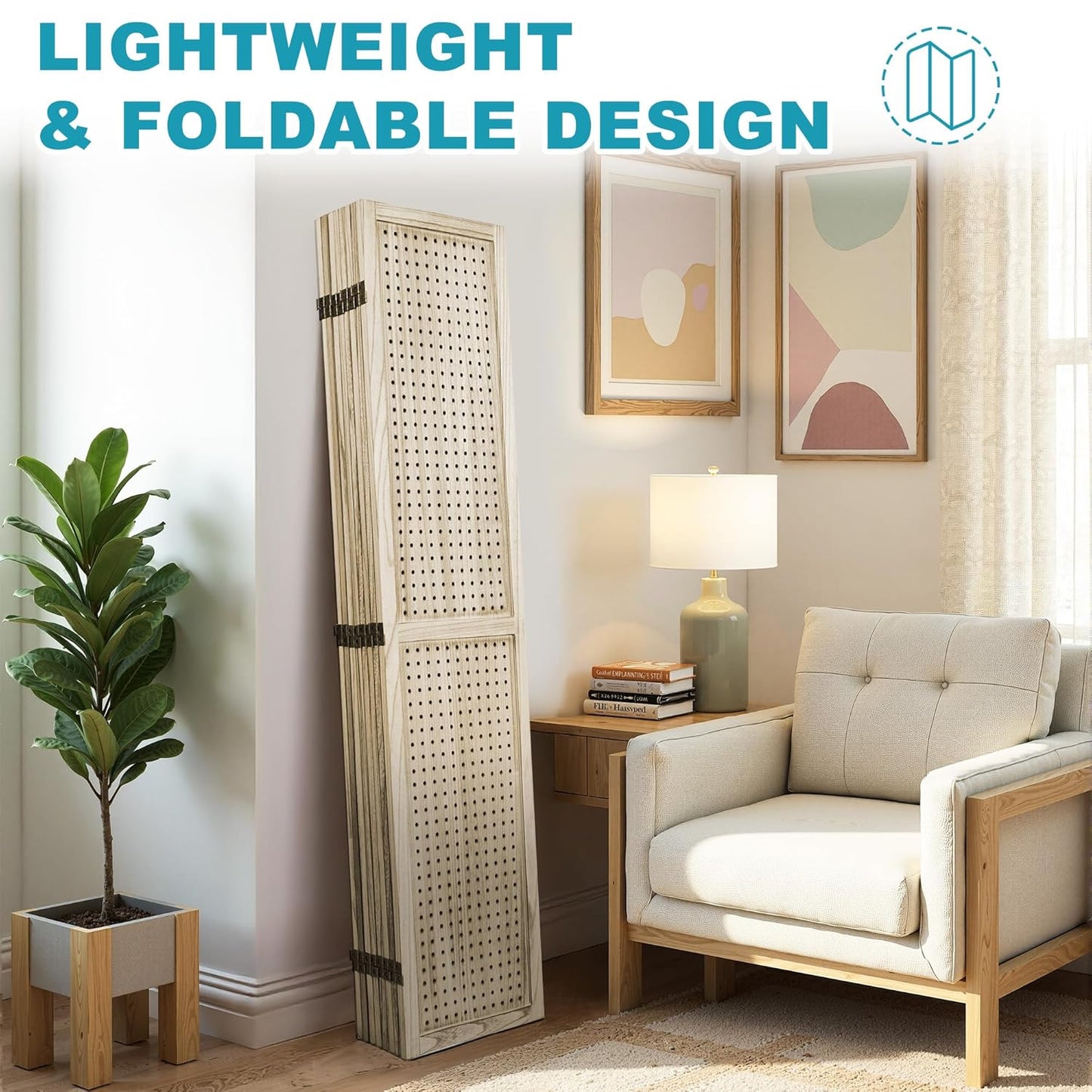 8 Panel Room Divider, 5.6FT Folding Room Divider Screen, Free Assembled Freestanding Partition for Home Office Bedroom, Tan