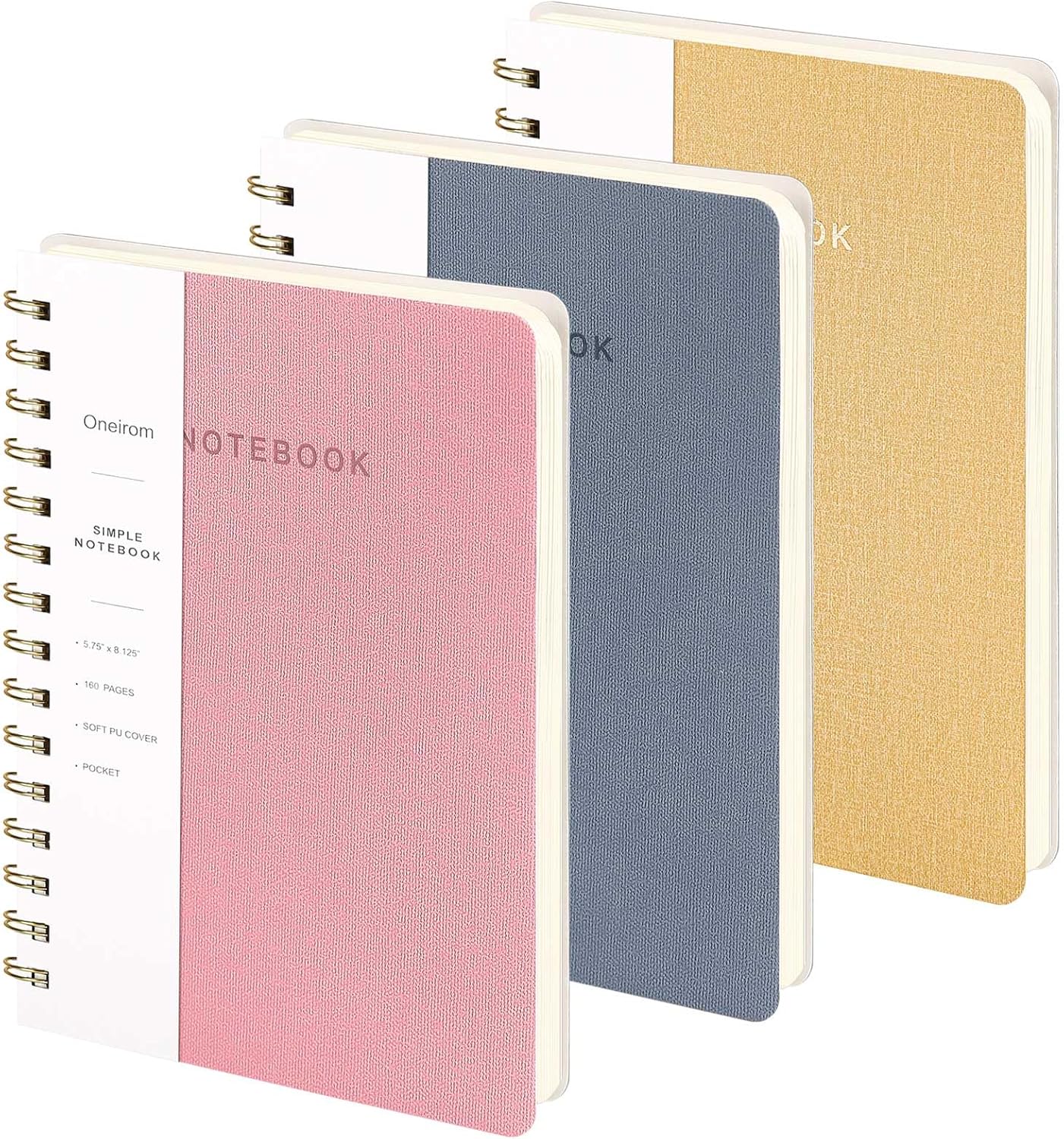 Spiral Notebook - Lined 160 Pages Journal with Back Pockets for College Journal, Twin-Wire Binding Notebook Perfect for Office & Home School Supplies, 3 Pack Set