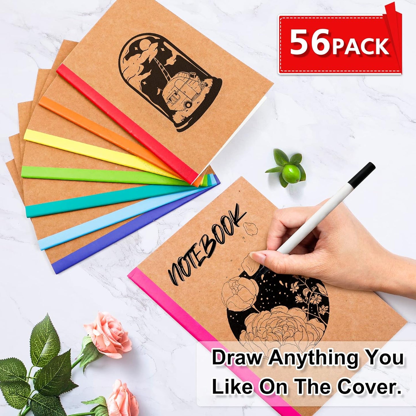 feela 56 Pack Composition Notebooks Bulk, Kraft Cover Lined Blank College Ruled Composition Travel Journals with Rainbow Spines For Women Students Business, 60 Pages, 8.3”x 5.5”, A5, 8 Colors