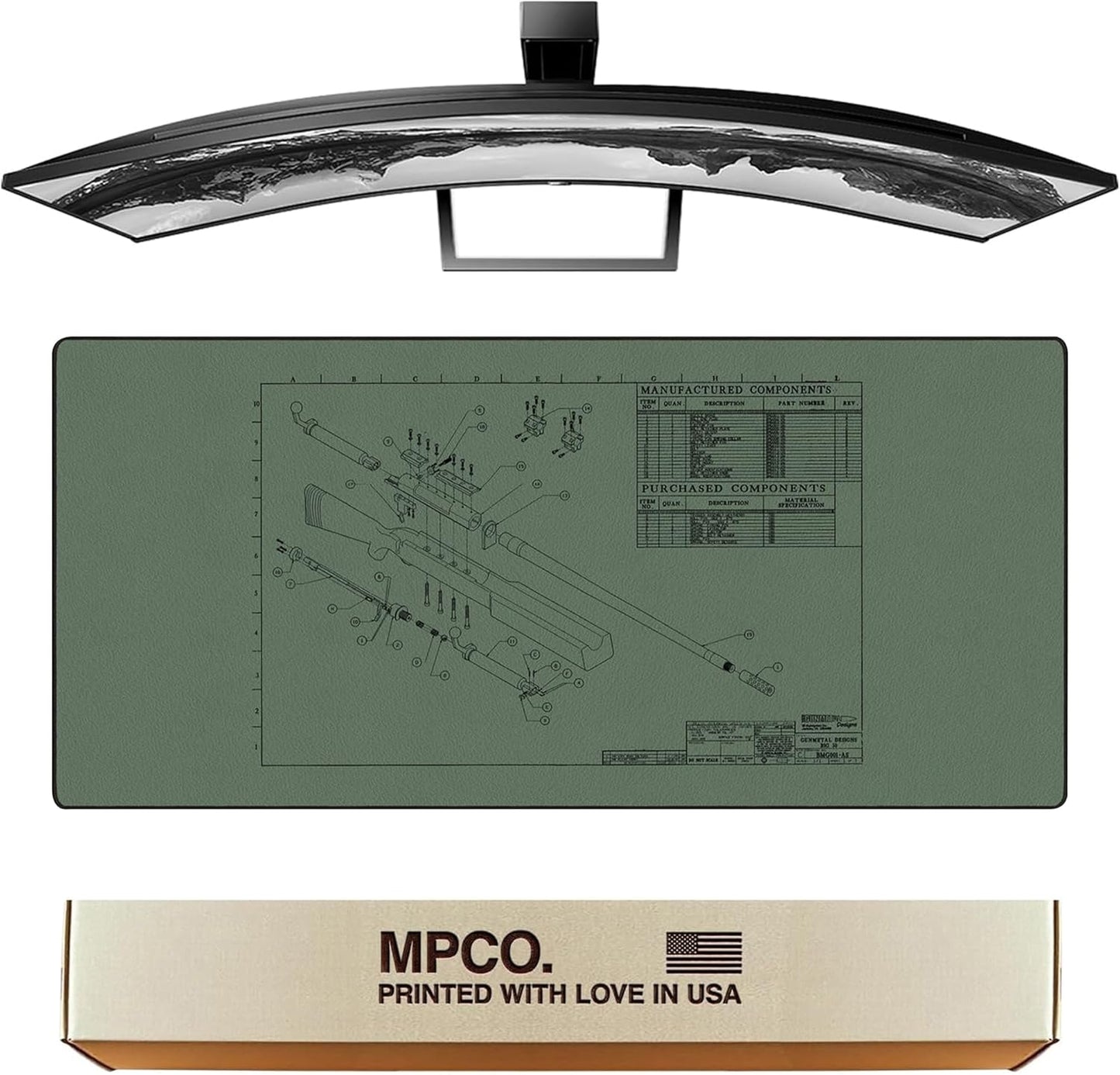 MPCO. Blueprints Large Gaming Desk Pad - 36" x 17" Aeroglyde Fabric Browning 50 Cal – Green Desk Mats - Non-Slip, Washable, Smooth Glide for Precision Gaming & Work