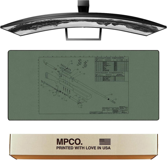 MPCO. Blueprints Large Gaming Desk Pad - 36" x 17" Duraglyde Fabric Browning 50 Cal – Green Desk Mats - Non-Slip, Washable, Smooth Glide for Precision Gaming & Work