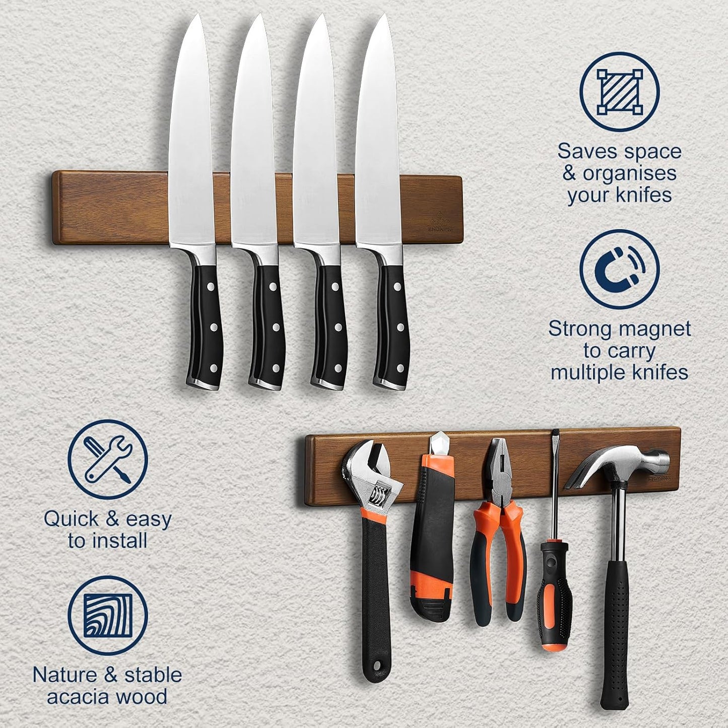 Magnetic Knife Strips, Magnetic Knife Holder for Wall 16 Inch, Acacia Wood Knife Magnetic Strip Use as Knife Bar, Knife Holder for Kitchen Utensil Organizer, Without hooks