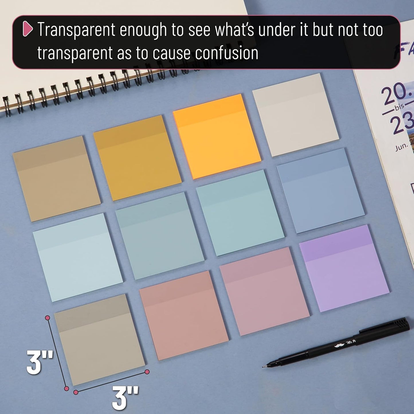 Mr. Pen- Transparent Sticky Notes, 3”x3”, 12 Pads, 600 Sheets, Happy Harmony, Clear Transparent Sticky Notes Clear