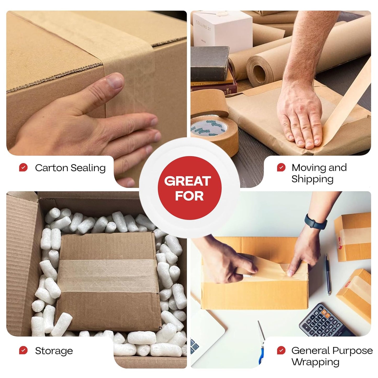 IDL Packaging 2.83" x 450 feet Reinforced Water-Activated Kraft Gummed Tape 30lb Thickness (Pack of 4) - Secure Paper Packing Tape for Secure Carton Sealing - Heavy-Duty for All Conditions, Brown