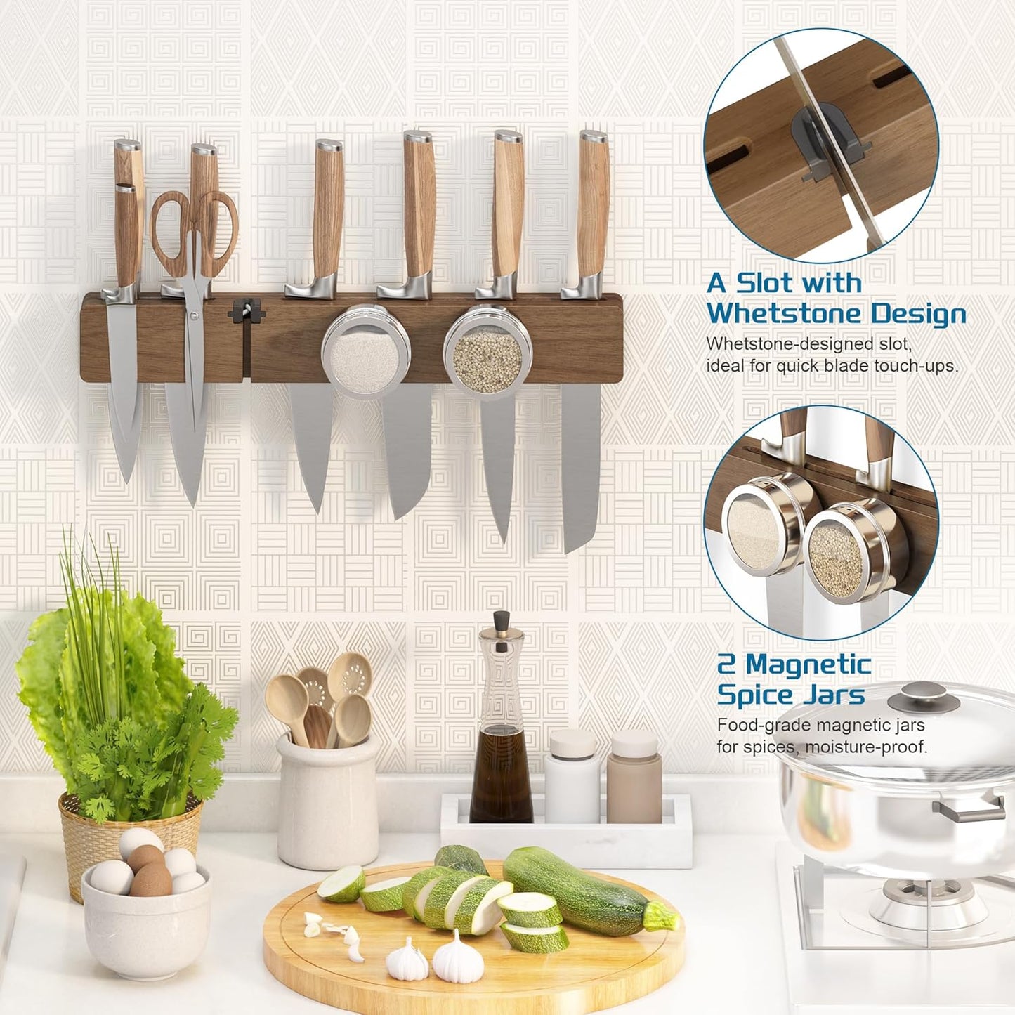 Magnetic Knife Holder for Wall, Acacia Wood Knife Magnetic Strip No Drill Knife Magnet Storage Bar Magnetic Tool Key Holder Strip for Kitchen Utensil Organizer (Dark Brown, 16 Inch Large)