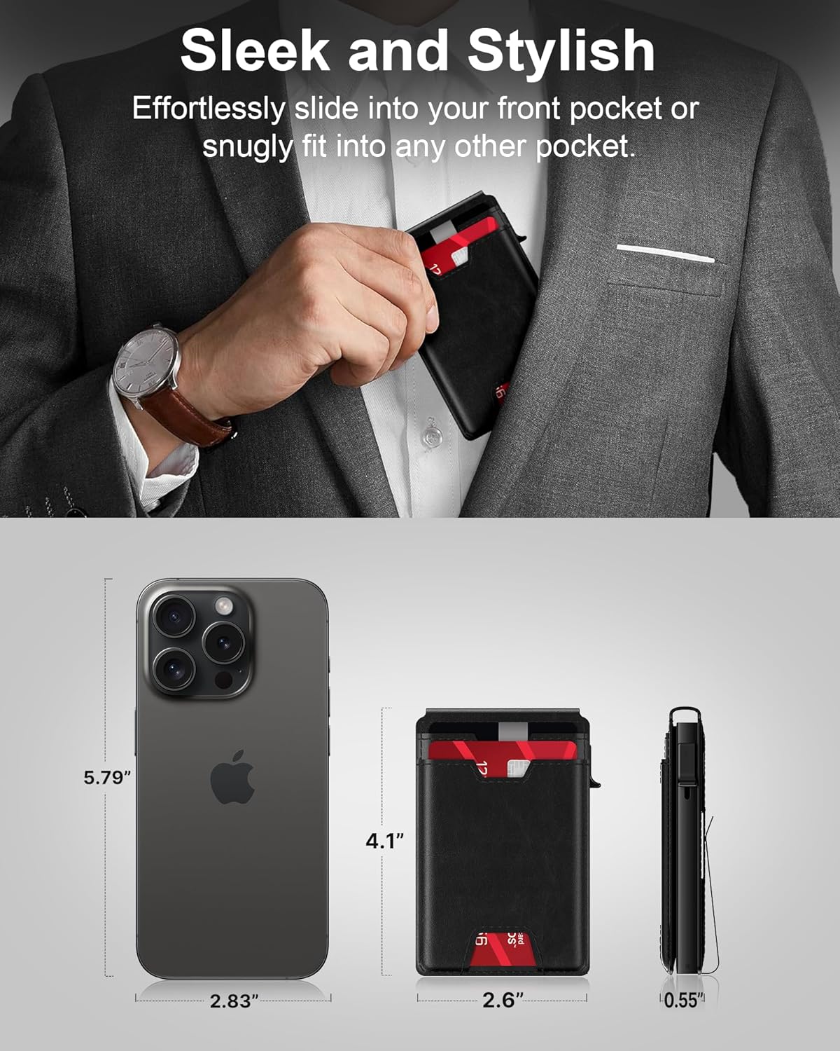 typecase Mens Wallet Card Holder: Pop Up Card Case, Genuine Leather, Smart, RFID Blocking, Slim, Minimalist, Thin, Front Pocket - 9-13 Card Capacitiy | ID Window | Money Clip (Black)