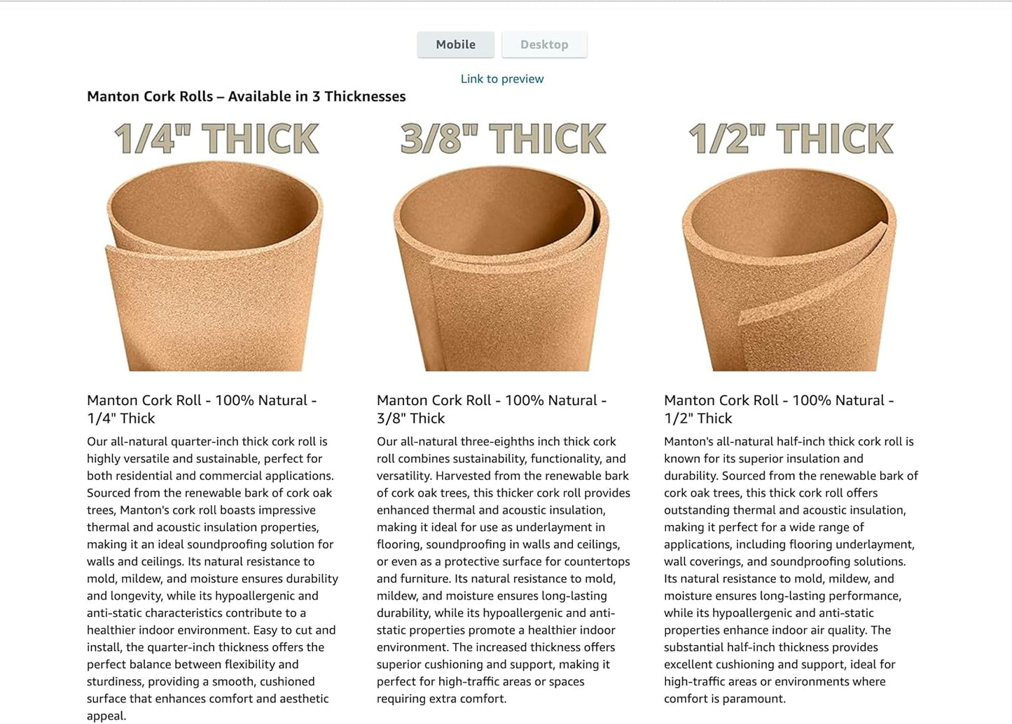 Manton Cork Premium Cork Roll - 4' x 5' x 1/4", 100% Natural Facing Grade Material for Bulletin Boards, Decorative Photo and Message Push Pin Displays - Perfect for Home, School, and Office