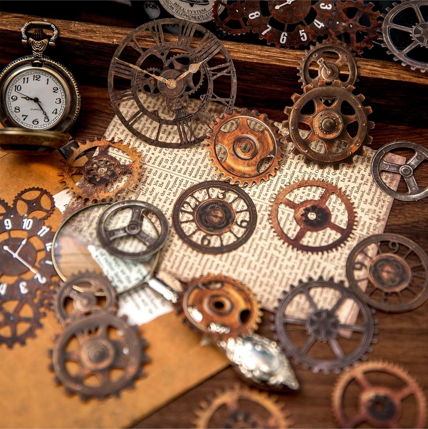 60PCS Industrial Vintage Sticker Set, Coated Paper Stickers with Rusty Gears, Keys, Frames, and Butterflies for Scrapbooking, Journaling, and DIY Crafts